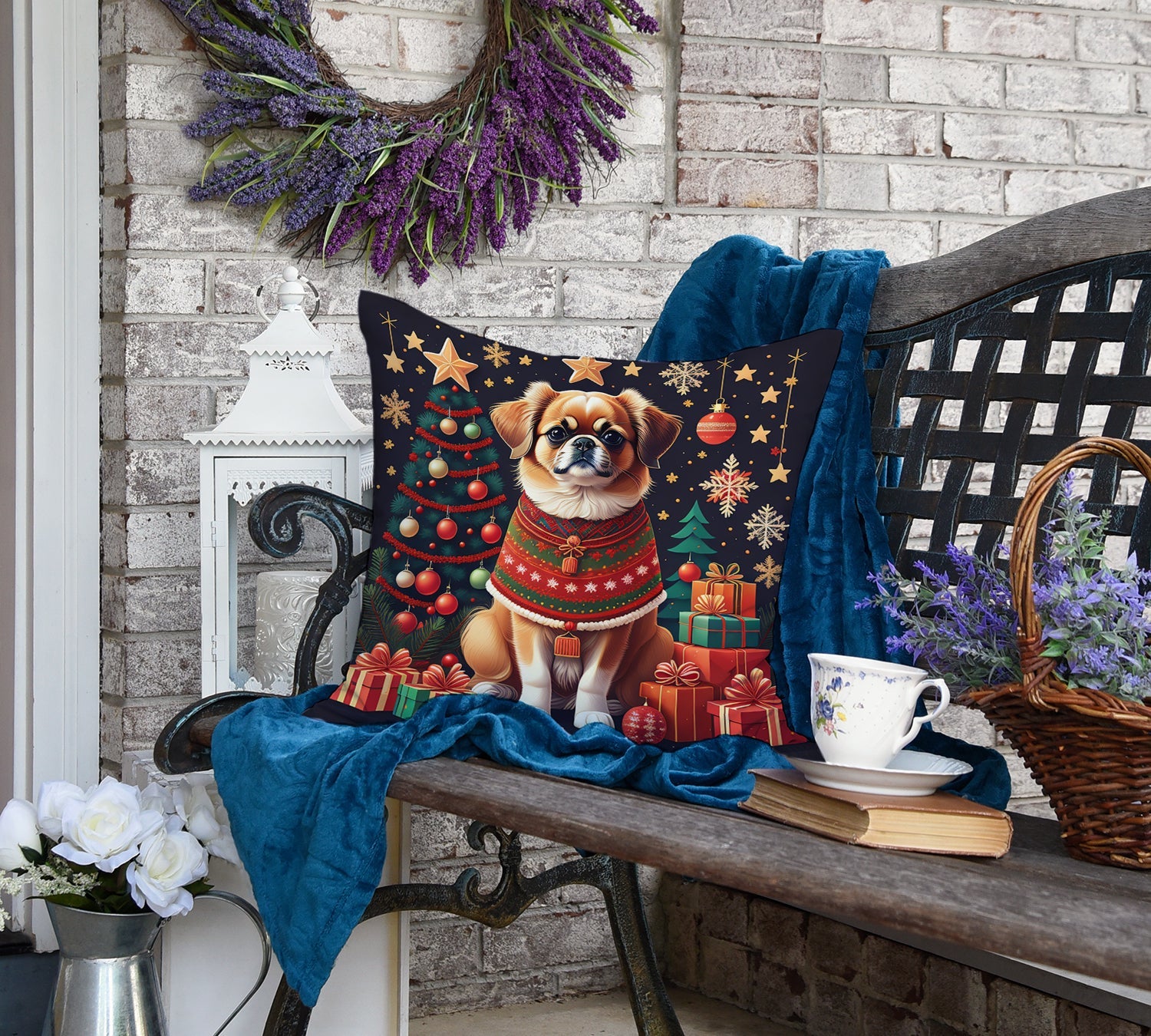 Tibetan Spaniel Christmas Decorative Throw Pillow 18x18 Indoor Outdoor Accent Cushion, Fabric Cover with Insert for Sofa, Bed, Porch & Living Room