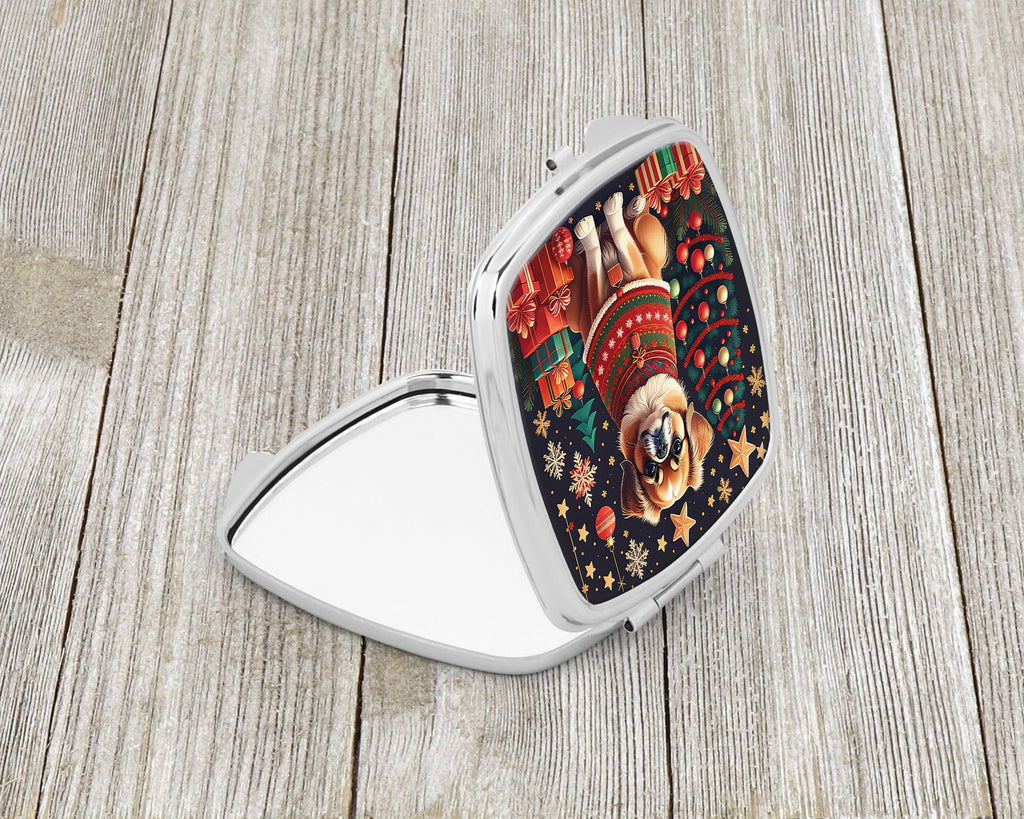 Tibetan Spaniel Christmas Compact Mirror Decorative Travel Makeup Mirror for Women Girls Gifts Pocket Makeup Mirror Folding Handheld