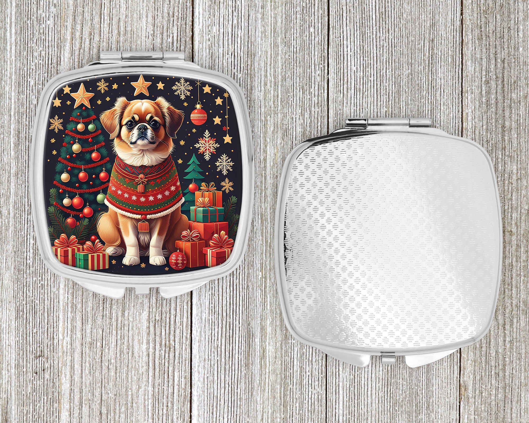 Tibetan Spaniel Christmas Compact Mirror Decorative Travel Makeup Mirror for Women Girls Gifts Pocket Makeup Mirror Folding Handheld