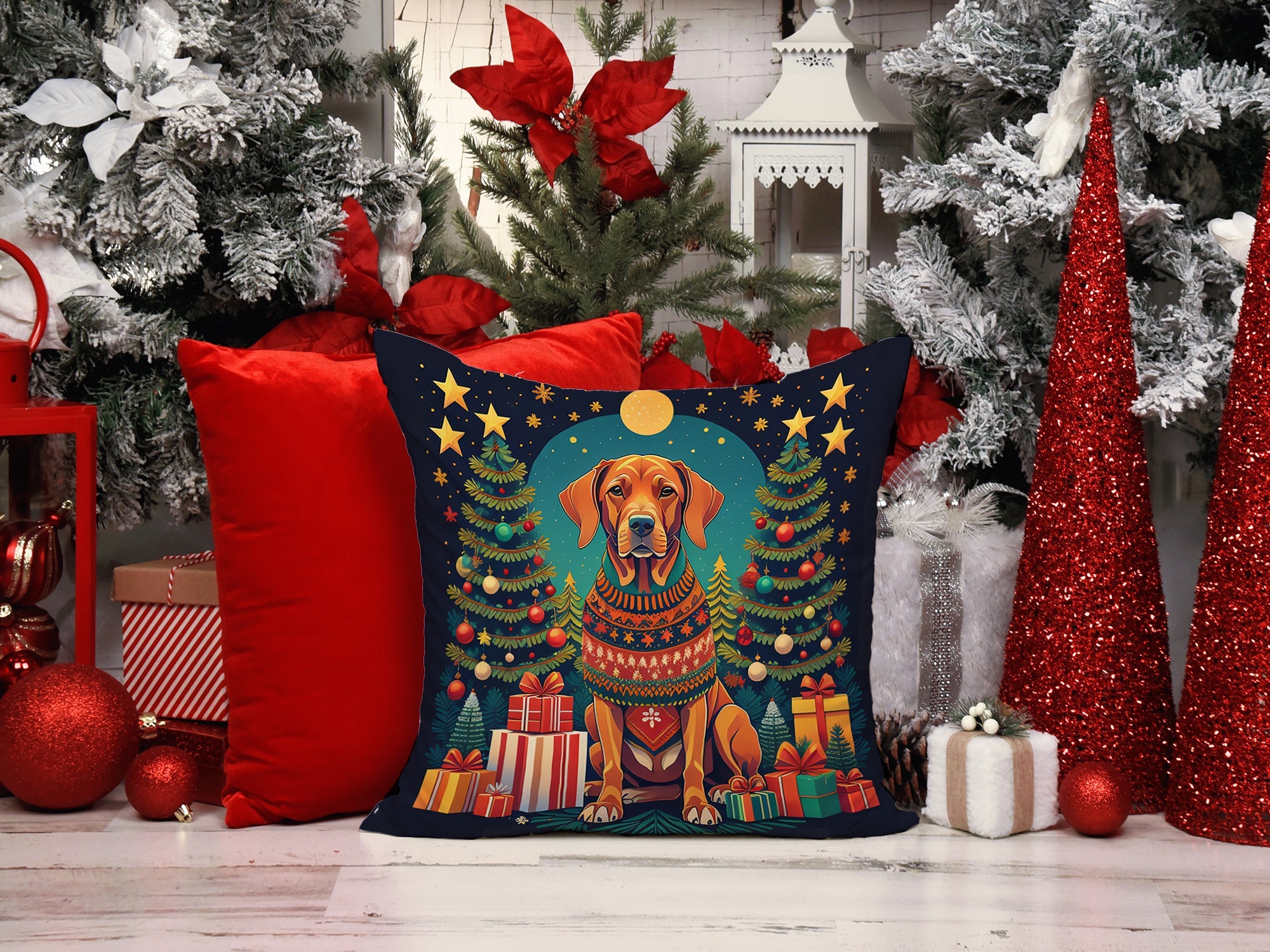 Vizsla Christmas Decorative Throw Pillow 18x18 Indoor Outdoor Accent Cushion, Fabric Cover with Insert for Sofa, Bed, Porch & Living Room