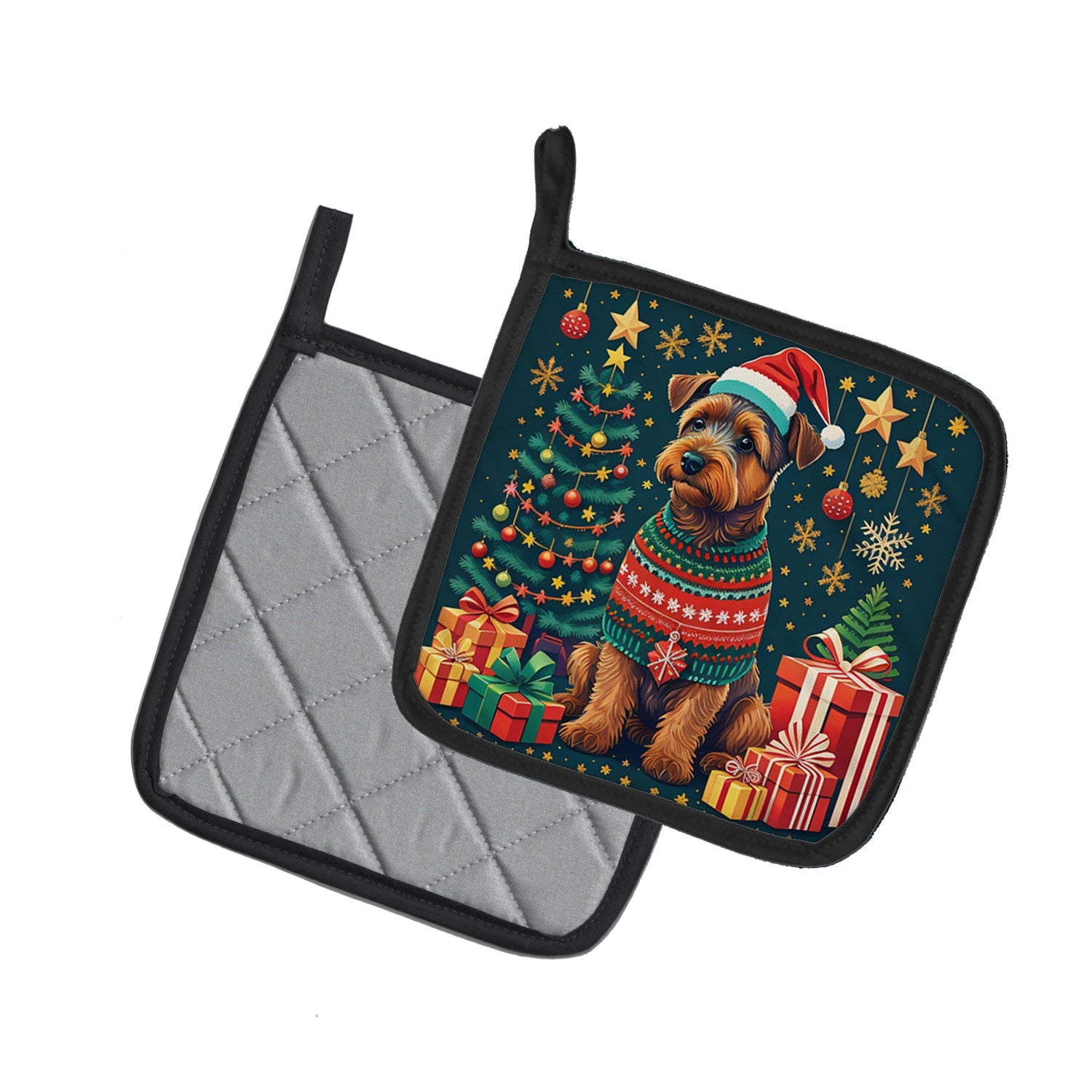 Welsh Terrier Christmas Pot Holder Set of 2 Heat Resistant Quilted Hot Pads 7.5 x 7.5 Inch, Insulated Kitchen Trivets for Cooking & Baking