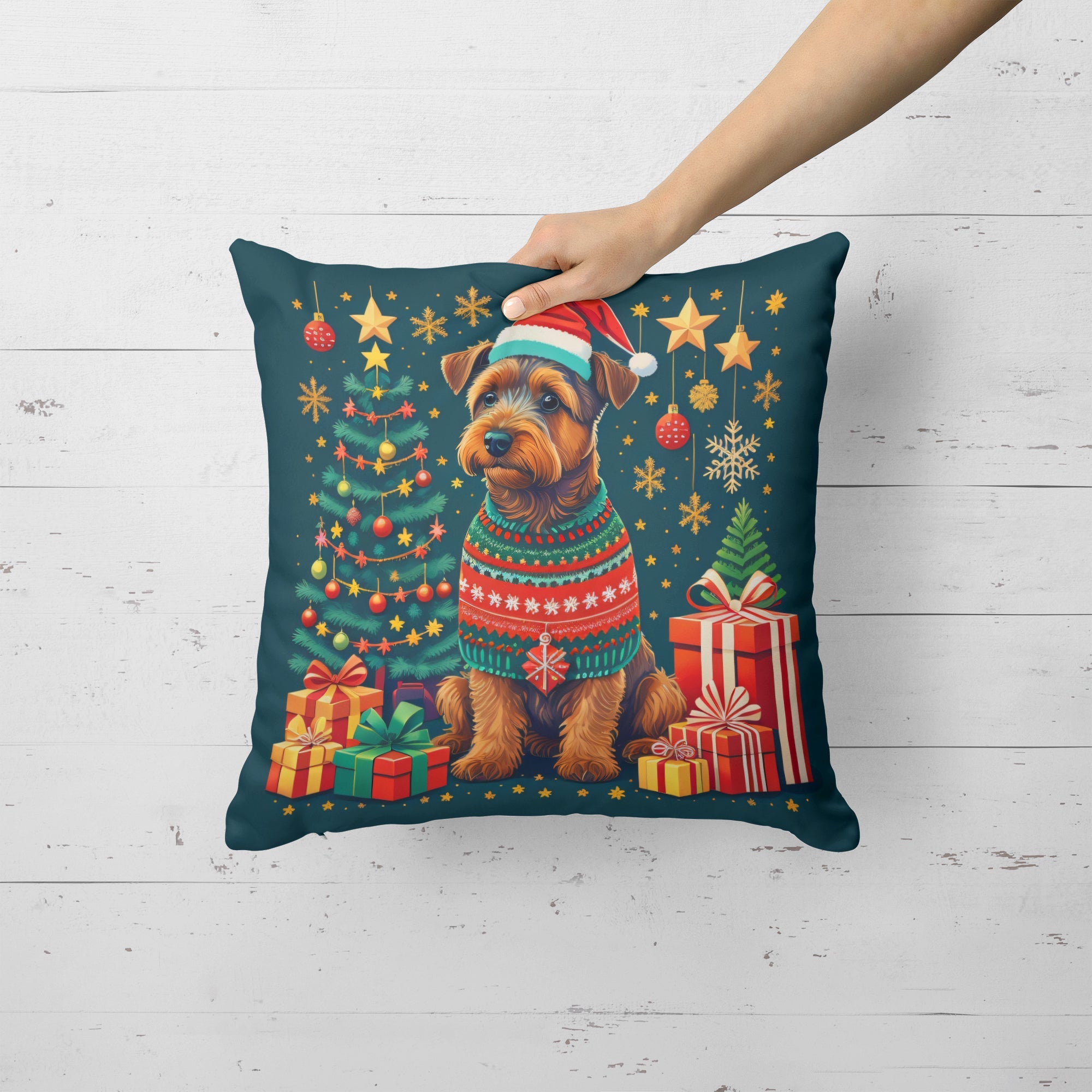 Welsh Terrier Christmas Decorative Throw Pillow 14x14 Indoor Outdoor Accent Cushion, Fabric Cover with Insert for Sofa, Bed, Porch & Living Room