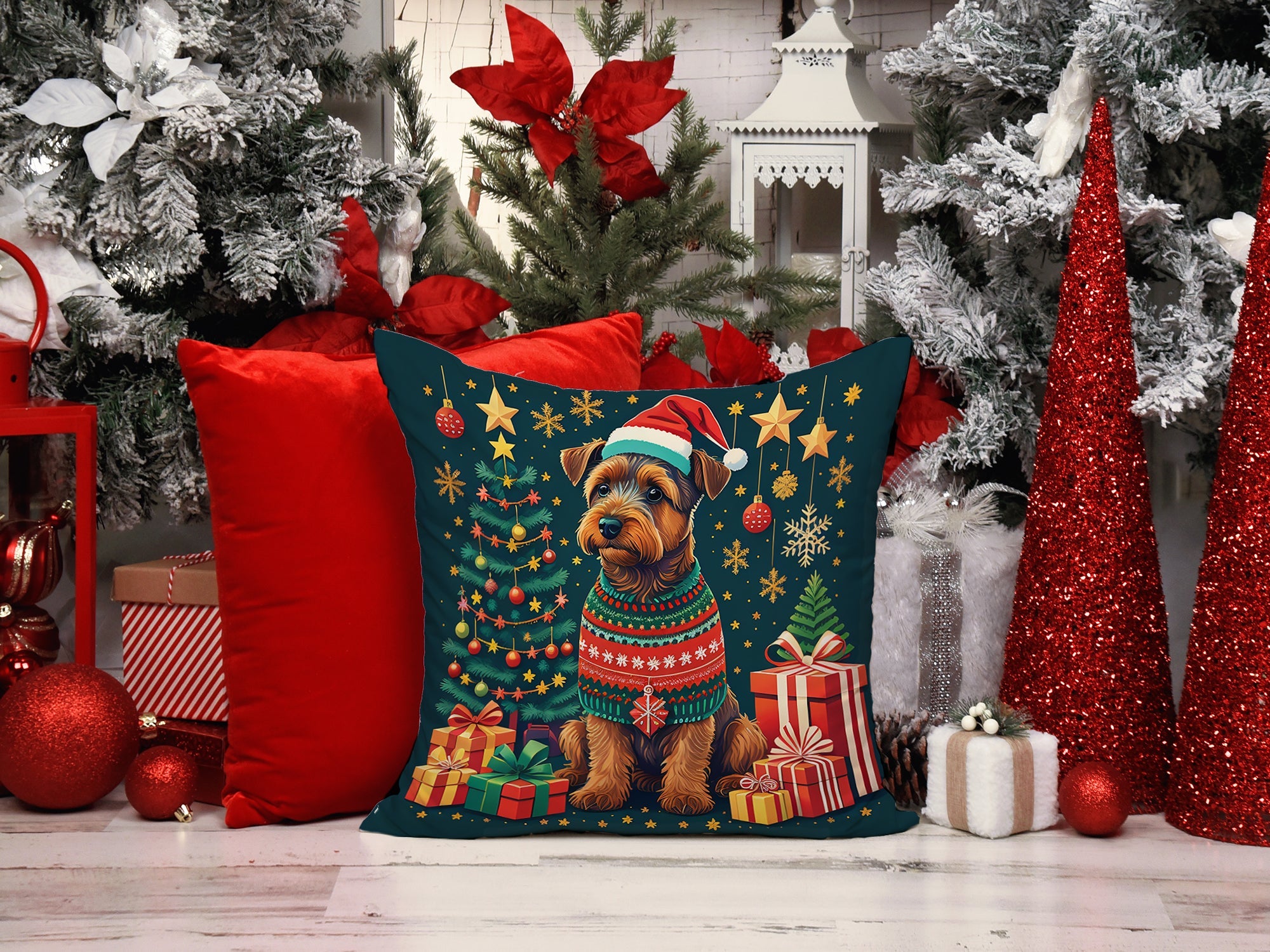 Welsh Terrier Christmas Decorative Throw Pillow 18x18 Indoor Outdoor Accent Cushion, Fabric Cover with Insert for Sofa, Bed, Porch & Living Room