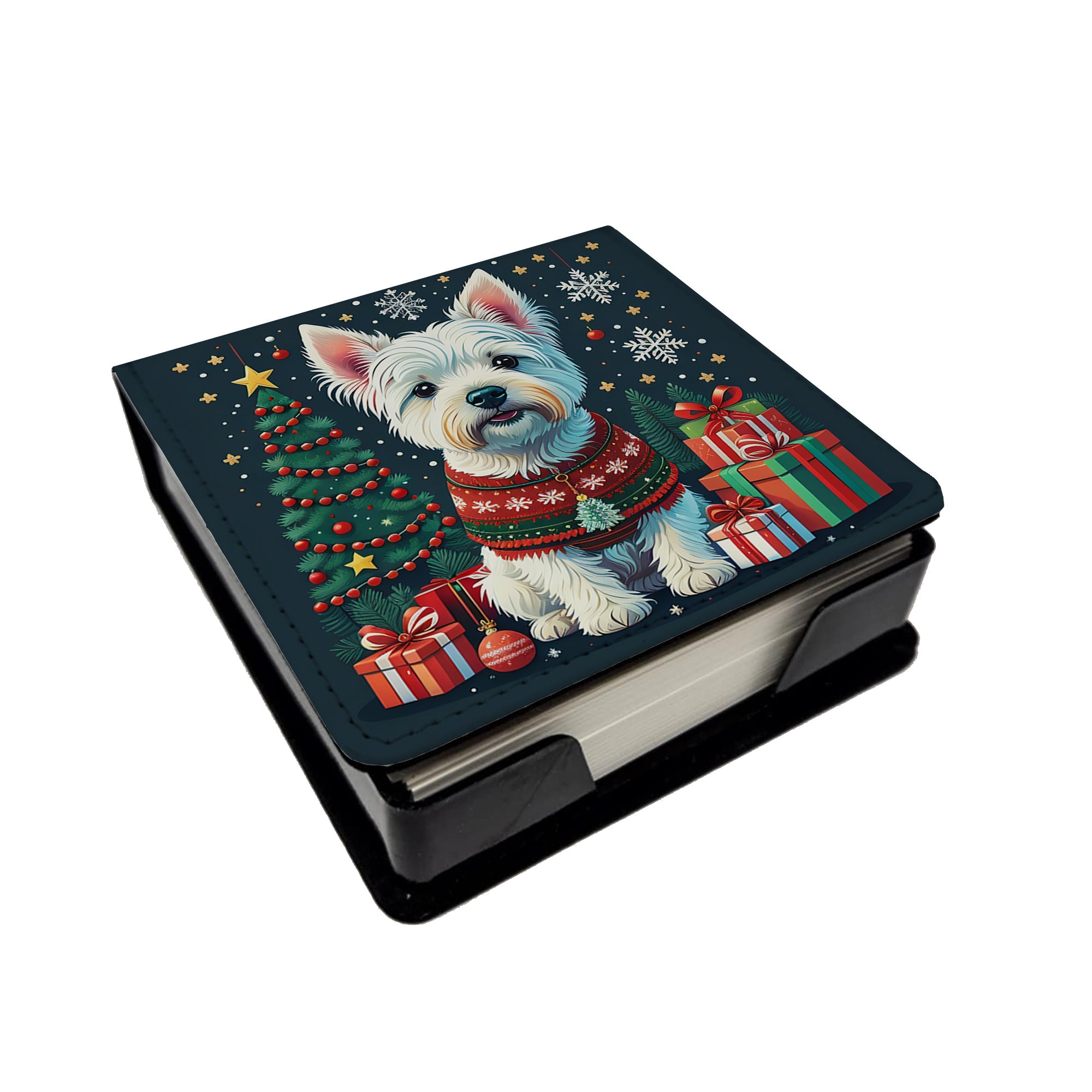 Westie Christmas PU Leather Note Paper Holder with Artist-Designed Cover, Desk Accessory, Office Gift