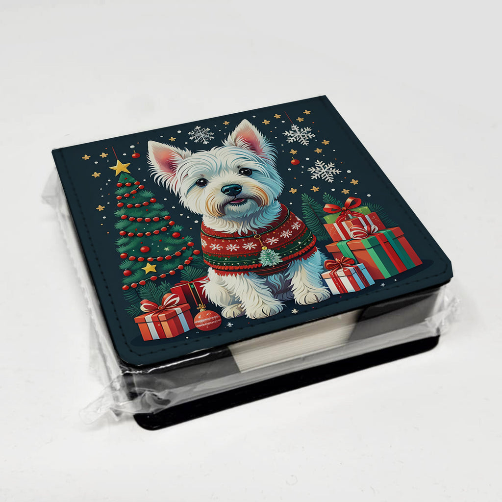 Westie Christmas PU Leather Note Paper Holder with Artist-Designed Cover, Desk Accessory, Office Gift