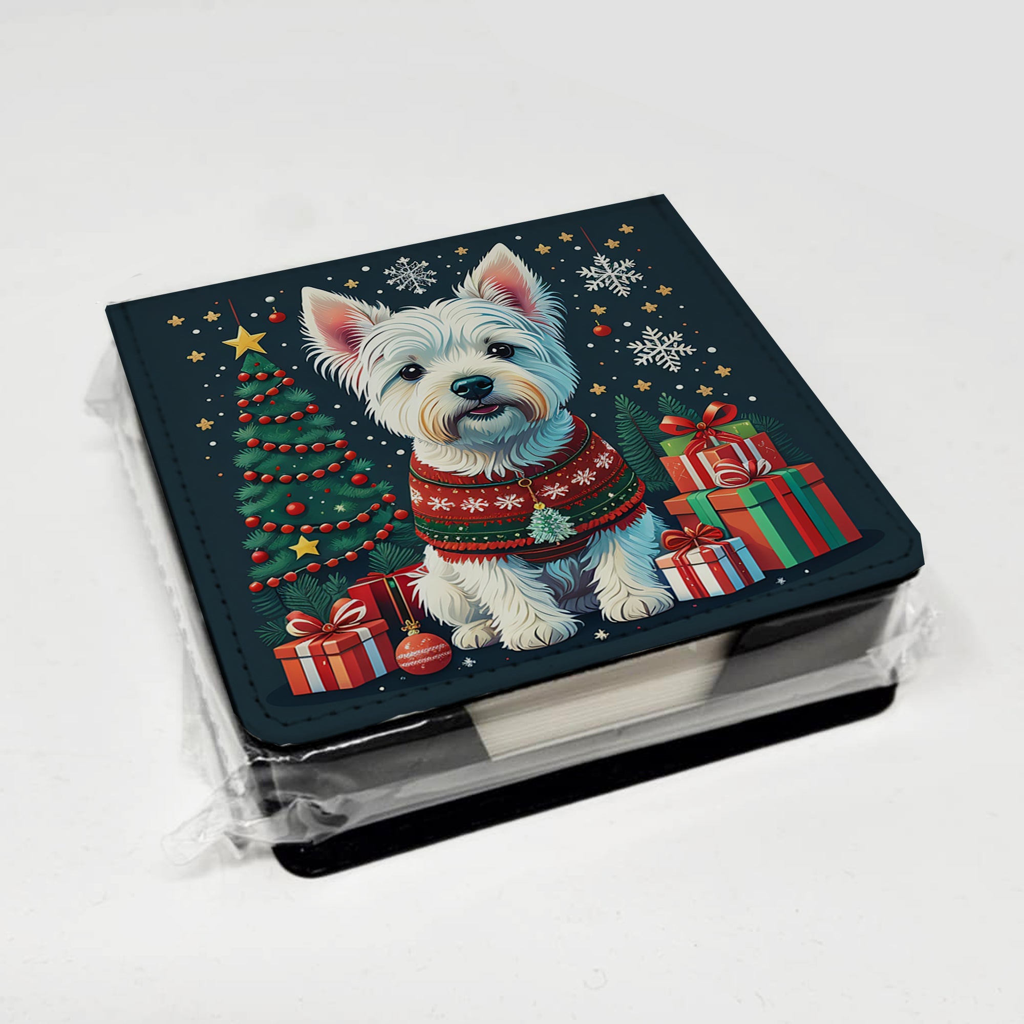 Westie Christmas PU Leather Note Paper Holder with Artist-Designed Cover, Desk Accessory, Office Gift