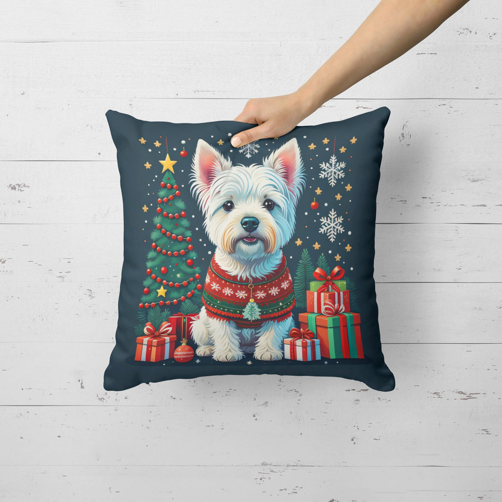 Westie Christmas Decorative Throw Pillow 14x14 Indoor Outdoor Accent Cushion, Fabric Cover with Insert for Sofa, Bed, Porch & Living Room