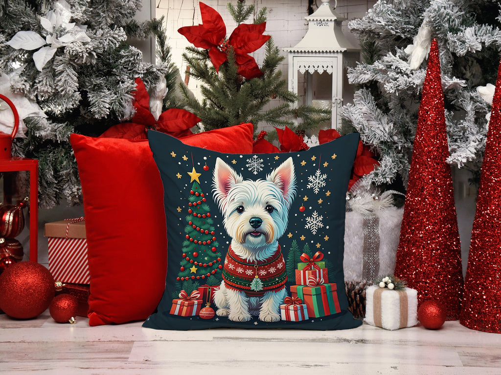 Westie Christmas Decorative Throw Pillow 14x14 Indoor Outdoor Accent Cushion, Fabric Cover with Insert for Sofa, Bed, Porch & Living Room