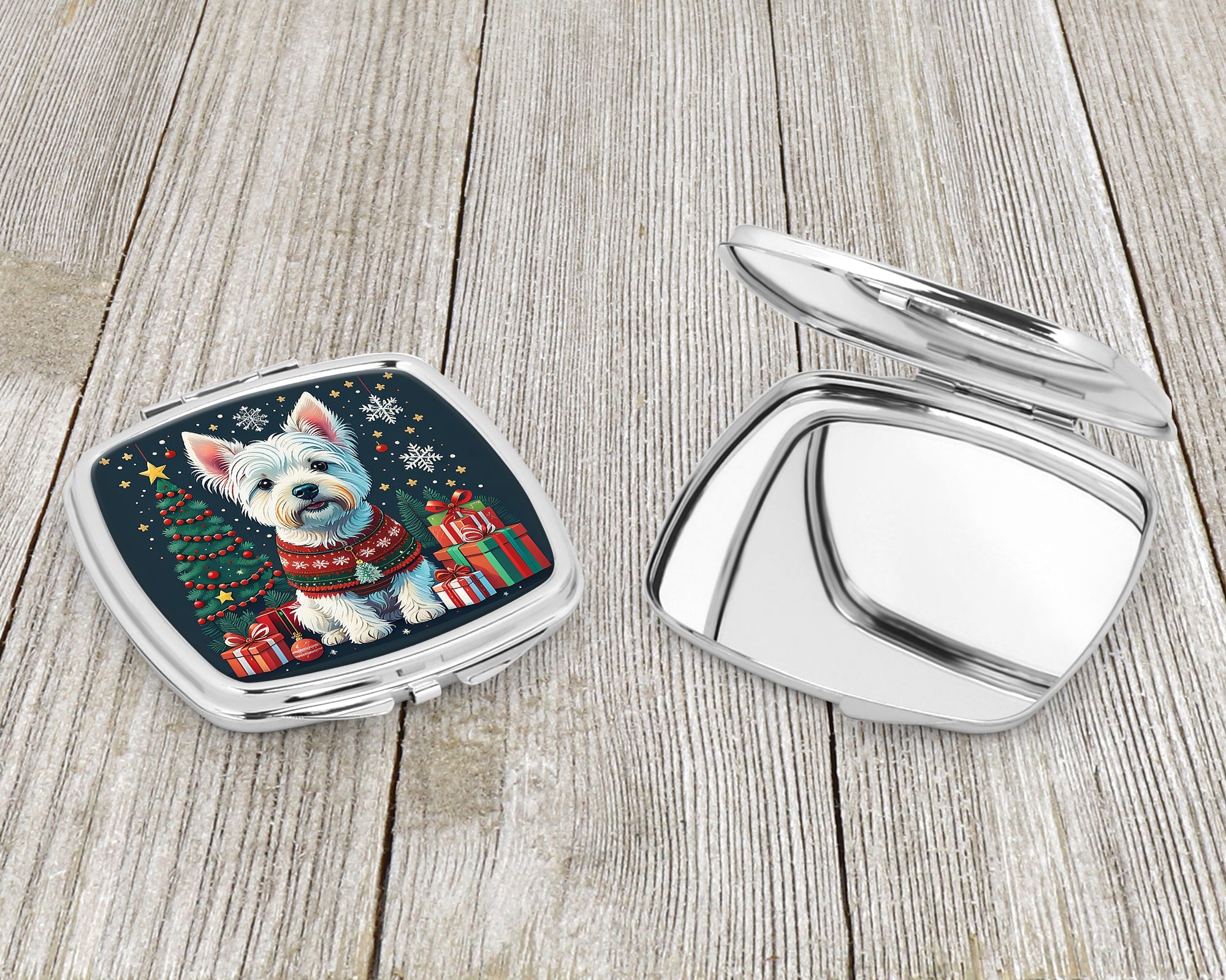 Westie Christmas Compact Mirror Decorative Travel Makeup Mirror for Women Girls Gifts Pocket Makeup Mirror Folding Handheld
