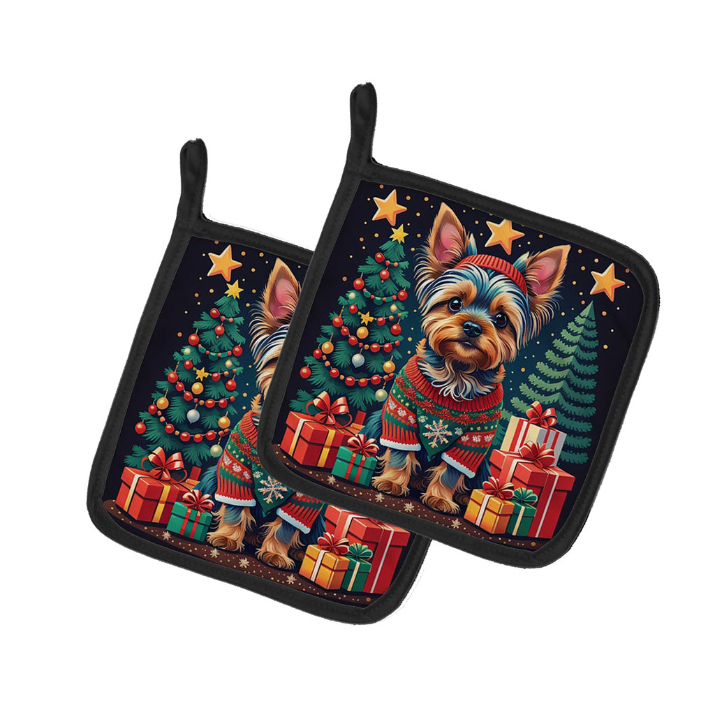 Yorkie Yorkshire Terrier Christmas Pot Holder Set of 2 Heat Resistant Quilted Hot Pads 7.5 x 7.5 Inch, Insulated Kitchen Trivets for Cooking & Baking