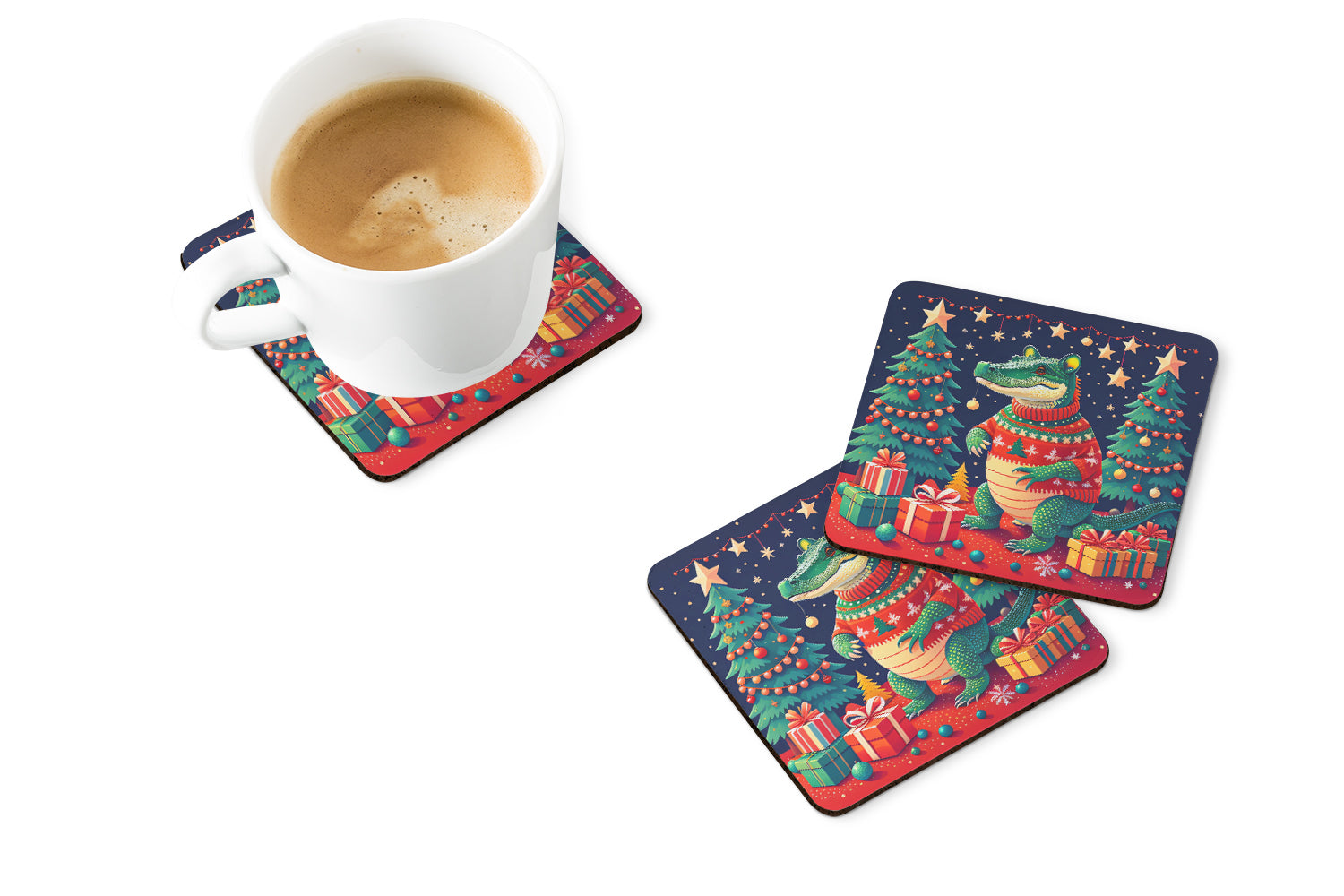 Alligator Christmas Foam Coasters Set of 4 Cup Coasters for Indoor Outdoor, Tabletop Protection, Anti Slip, Mouse pad Material