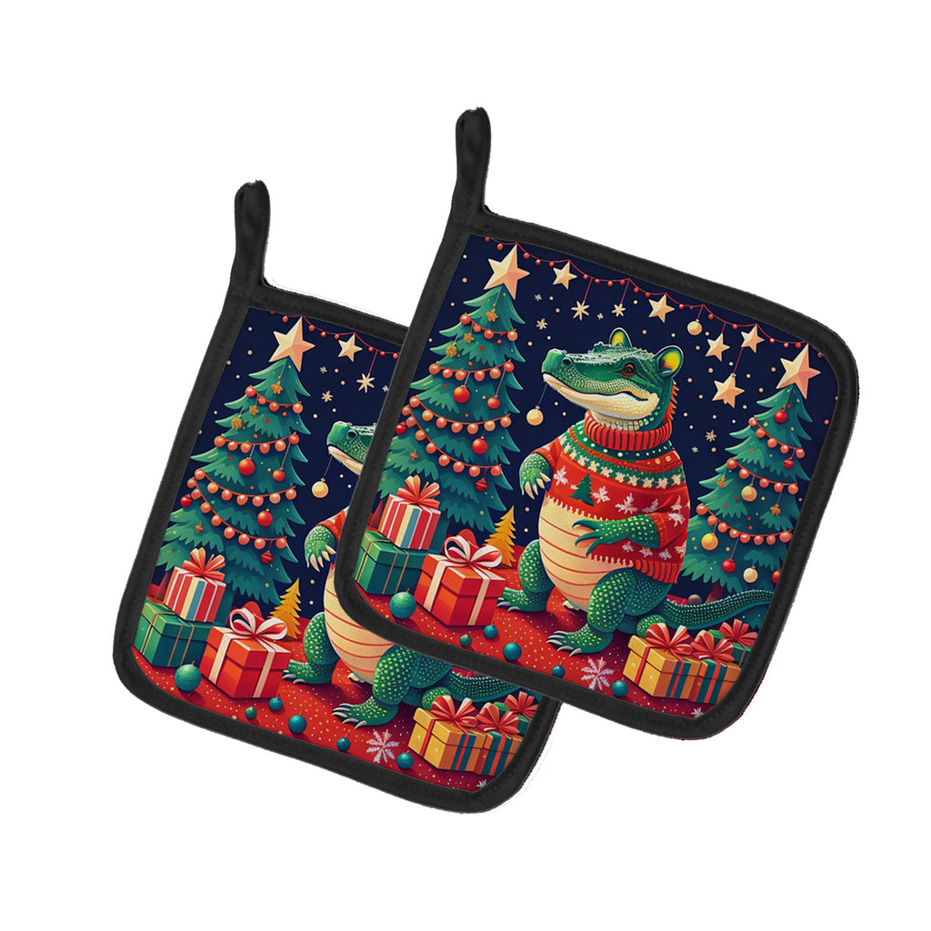 Alligator Christmas Pot Holder Set of 2 Heat Resistant Quilted Hot Pads 7.5 x 7.5 Inch, Insulated Kitchen Trivets for Cooking & Baking