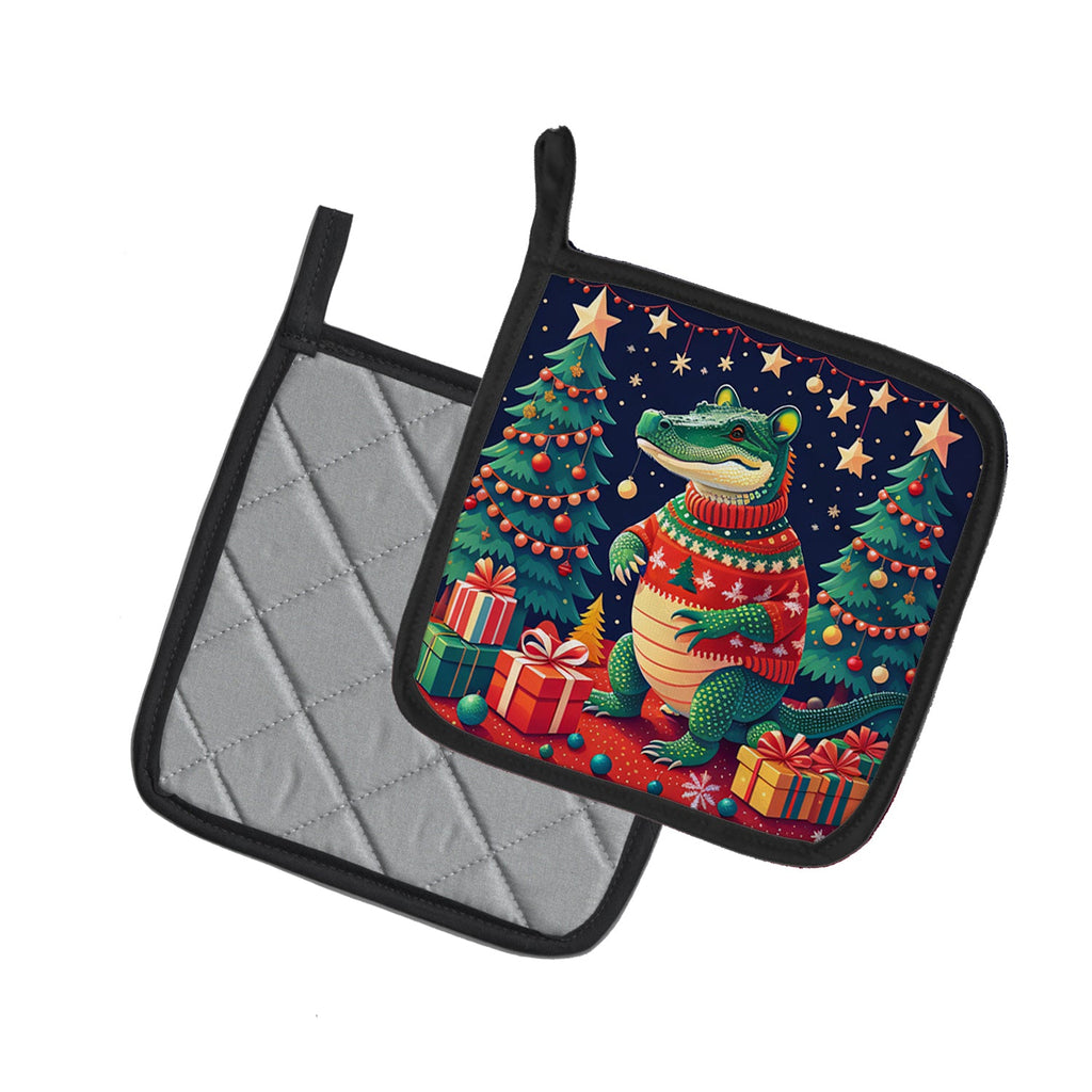 Alligator Christmas Pot Holder Set of 2 Heat Resistant Quilted Hot Pads 7.5 x 7.5 Inch, Insulated Kitchen Trivets for Cooking & Baking