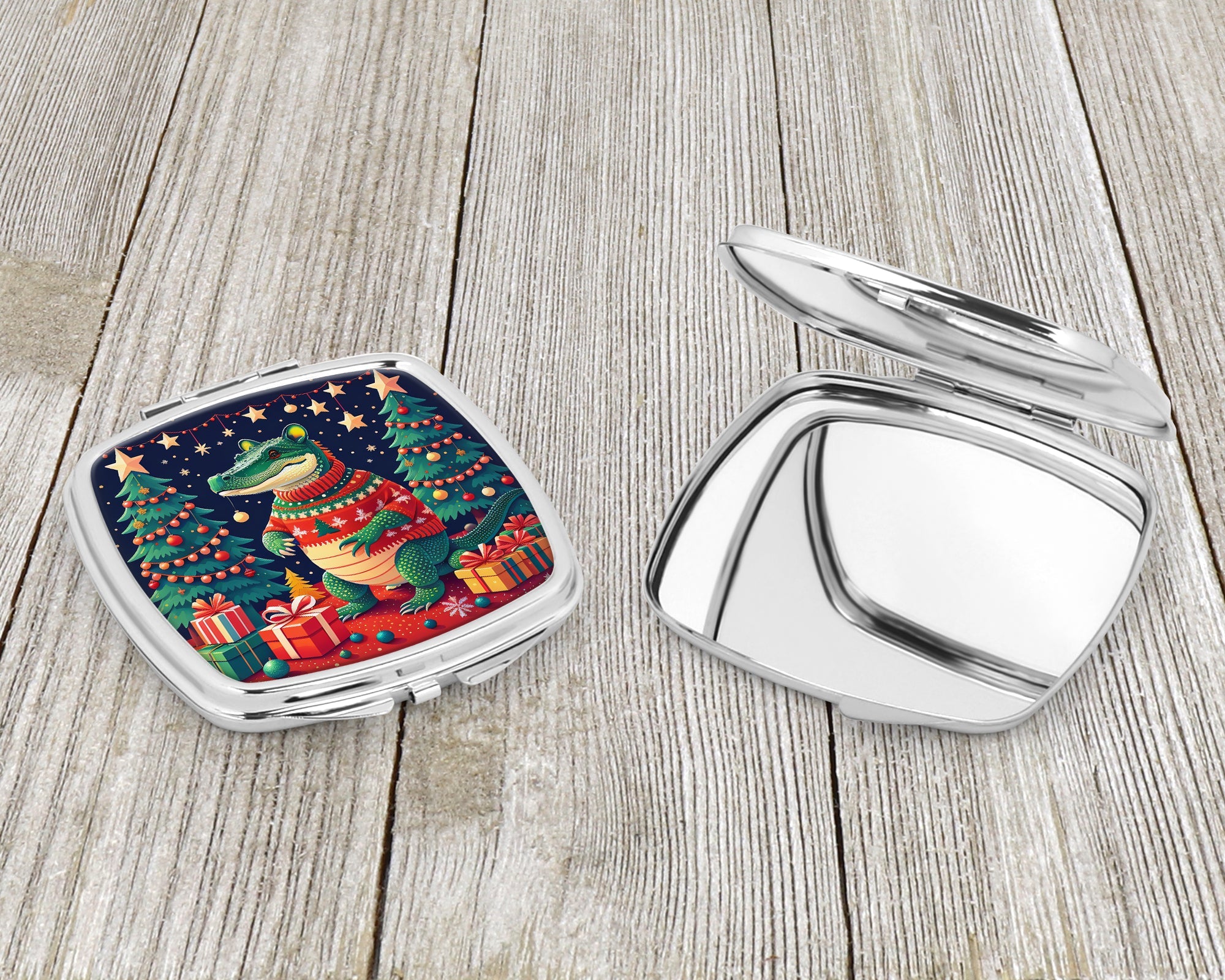 Alligator Christmas Compact Mirror Decorative Travel Makeup Mirror for Women Girls Gifts Pocket Makeup Mirror Folding Handheld