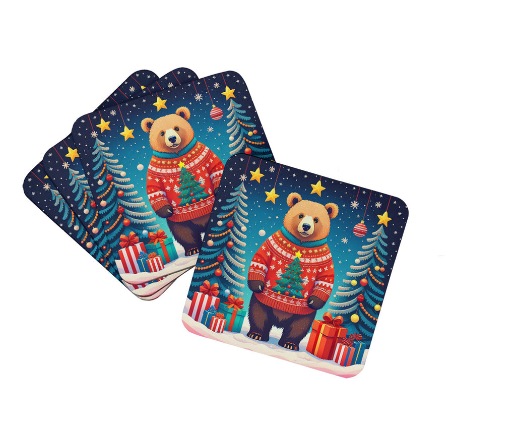 Bear Christmas Foam Coasters Set of 4 Cup Coasters for Indoor Outdoor, Tabletop Protection, Anti Slip, Mouse pad Material