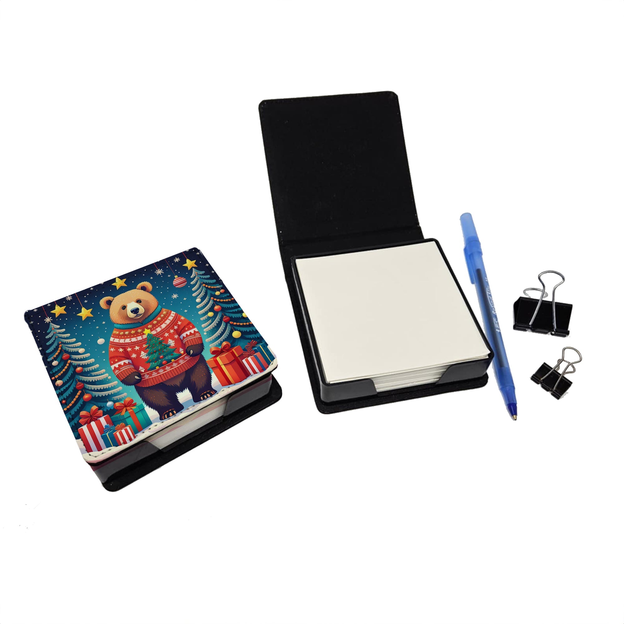 Bear Christmas PU Leather Note Paper Holder with Artist-Designed Cover, Desk Accessory, Office Gift
