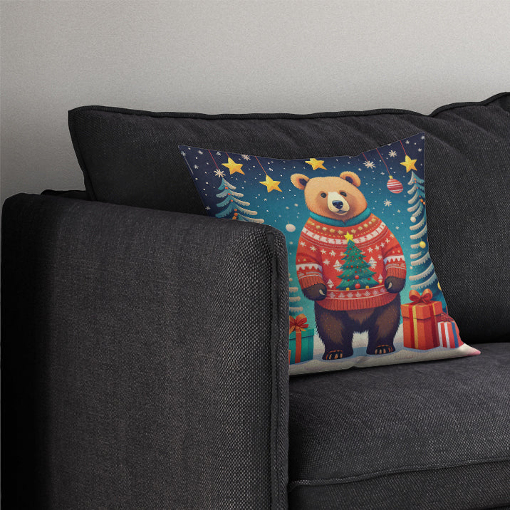 Bear Christmas Decorative Throw Pillow 14x14 Indoor Outdoor Accent Cushion, Fabric Cover with Insert for Sofa, Bed, Porch & Living Room