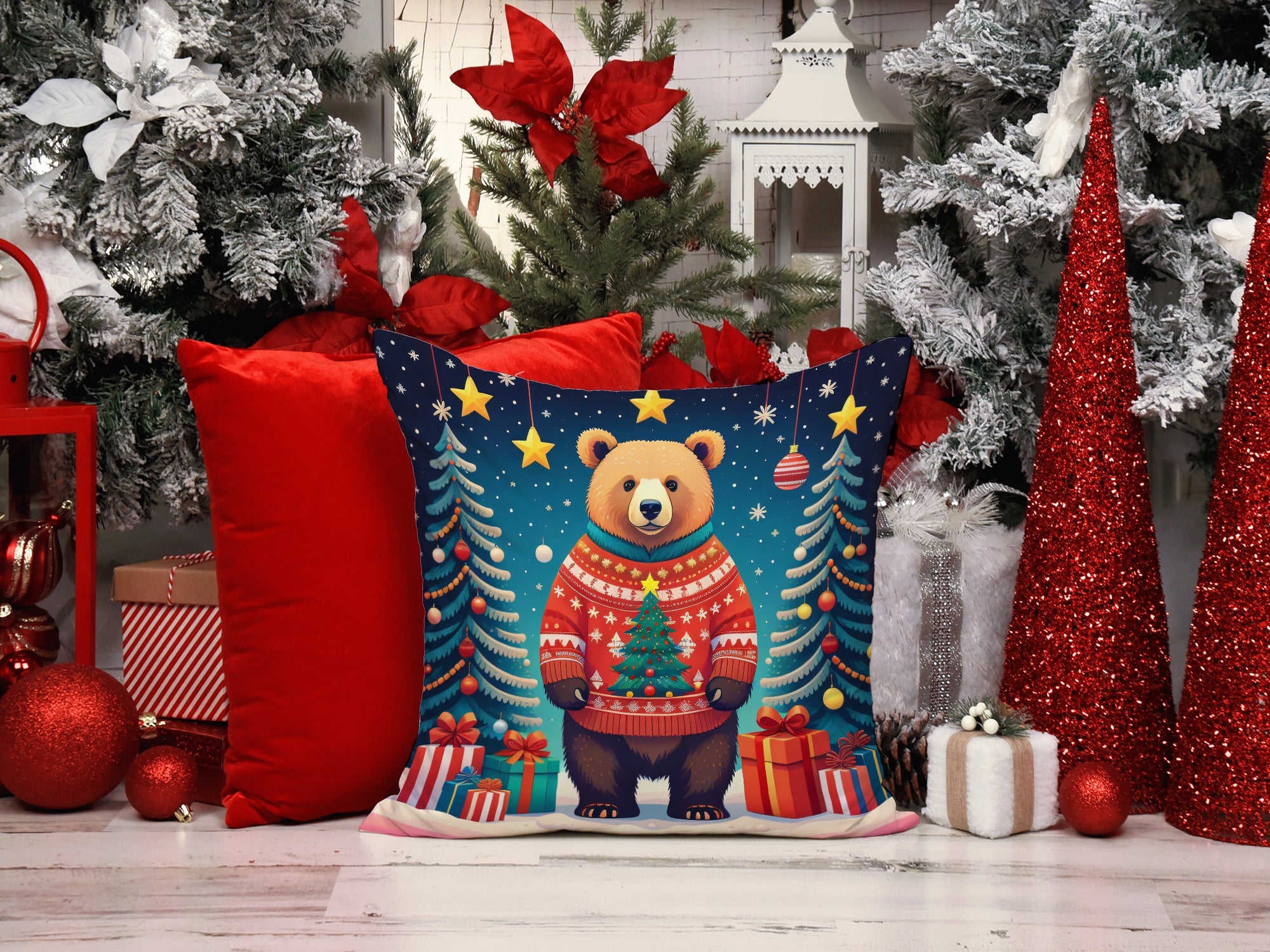 Bear Christmas Decorative Throw Pillow 18x18 Indoor Outdoor Accent Cushion, Fabric Cover with Insert for Sofa, Bed, Porch & Living Room
