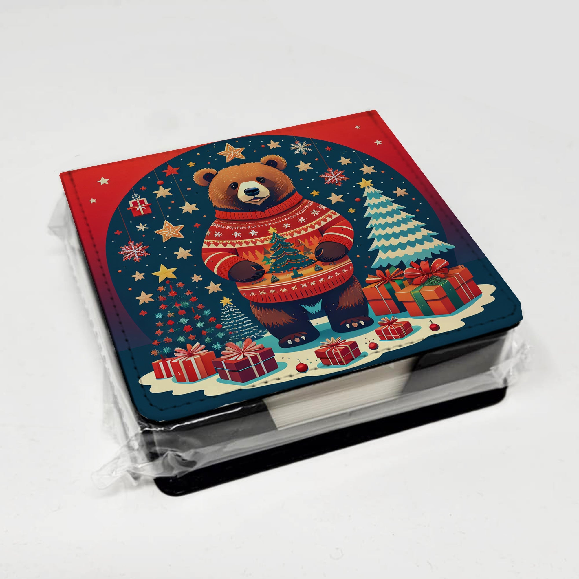 Bear Christmas PU Leather Note Paper Holder with Artist-Designed Cover, Desk Accessory, Office Gift
