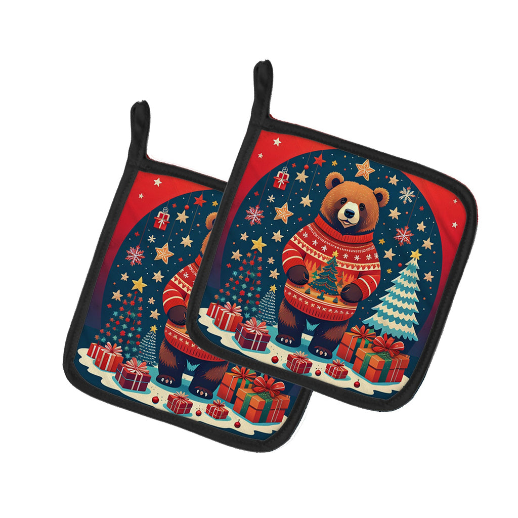 Bear Christmas Pot Holder Set of 2 Heat Resistant Quilted Hot Pads 7.5 x 7.5 Inch, Insulated Kitchen Trivets for Cooking & Baking