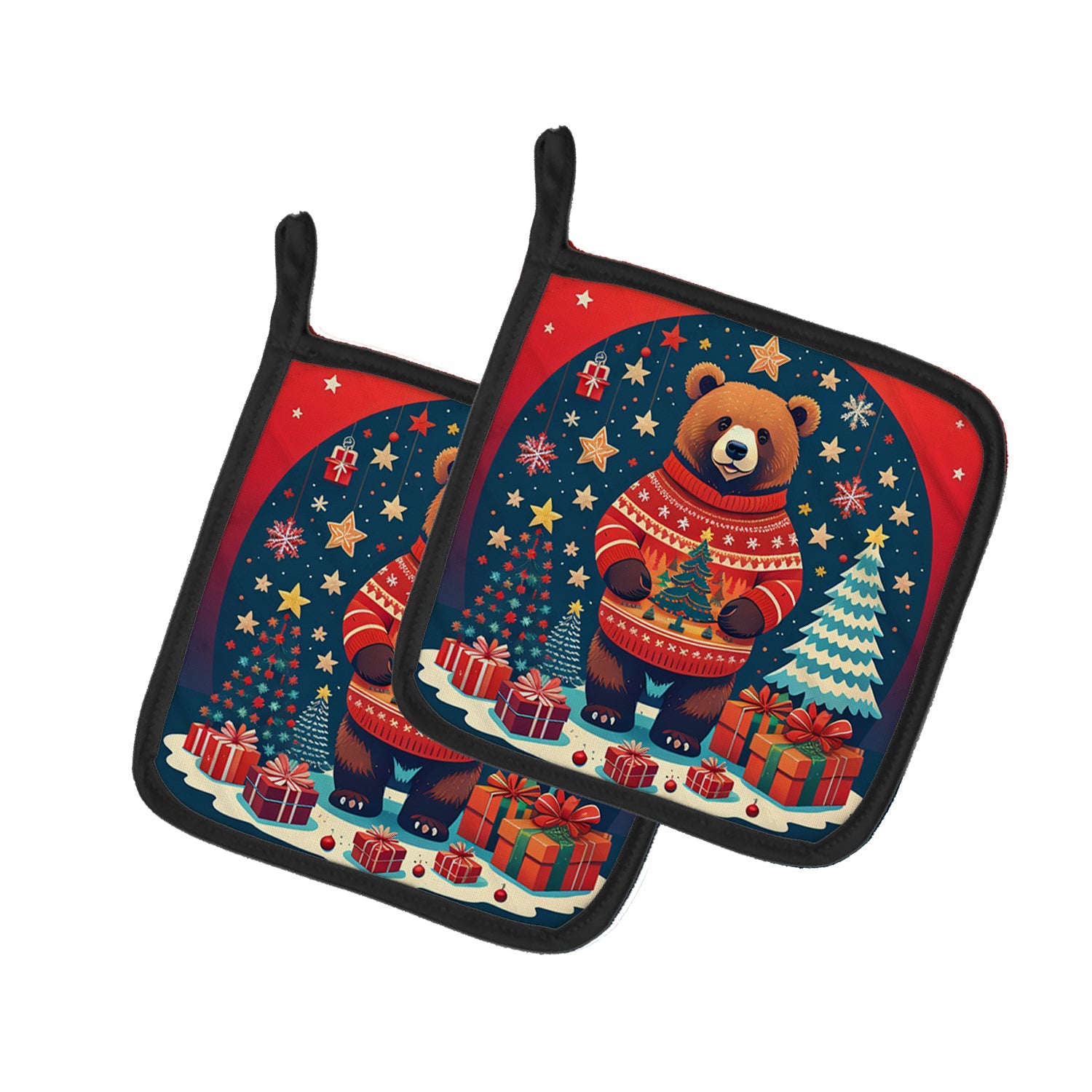 Bear Christmas Pot Holder Set of 2 Heat Resistant Quilted Hot Pads 7.5 x 7.5 Inch, Insulated Kitchen Trivets for Cooking & Baking