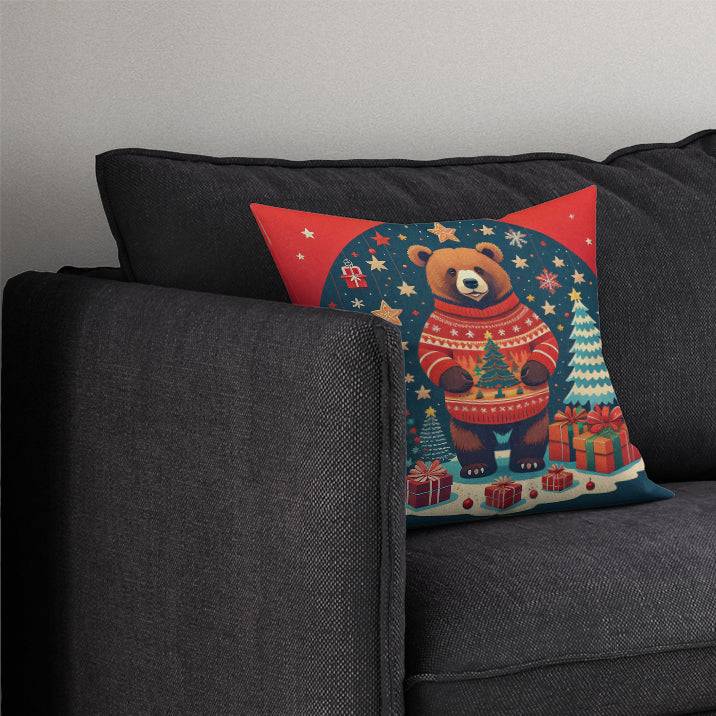 Bear Christmas Decorative Throw Pillow 14x14 Indoor Outdoor Accent Cushion, Fabric Cover with Insert for Sofa, Bed, Porch & Living Room