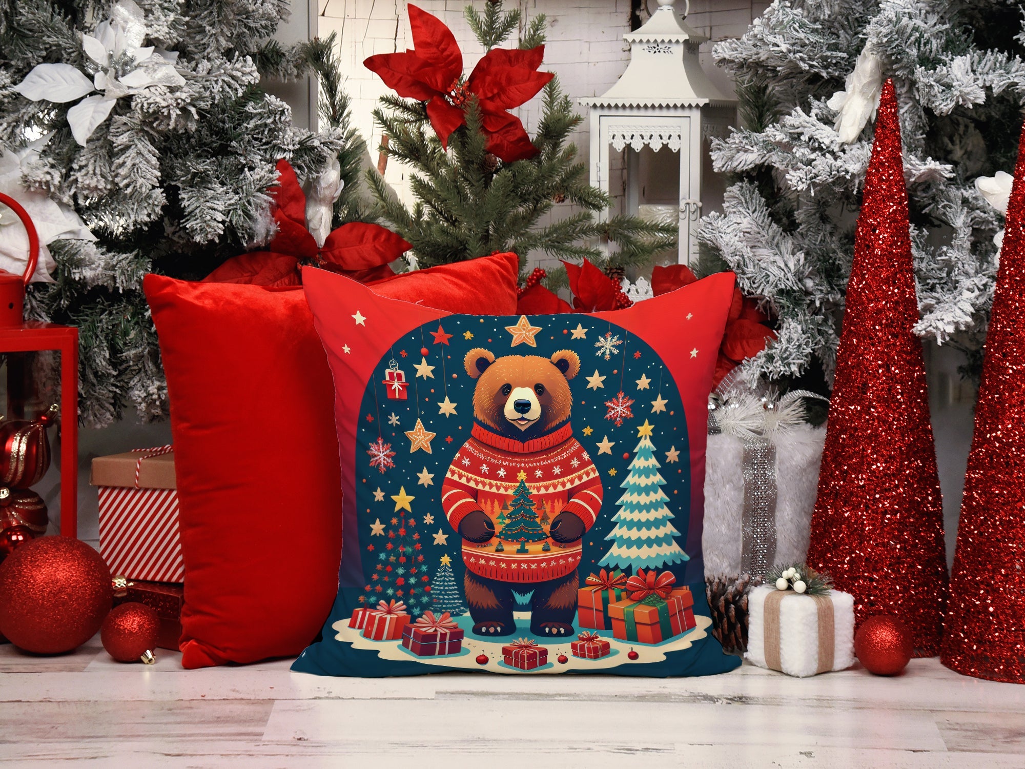 Bear Christmas Decorative Throw Pillow 18x18 Indoor Outdoor Accent Cushion, Fabric Cover with Insert for Sofa, Bed, Porch & Living Room