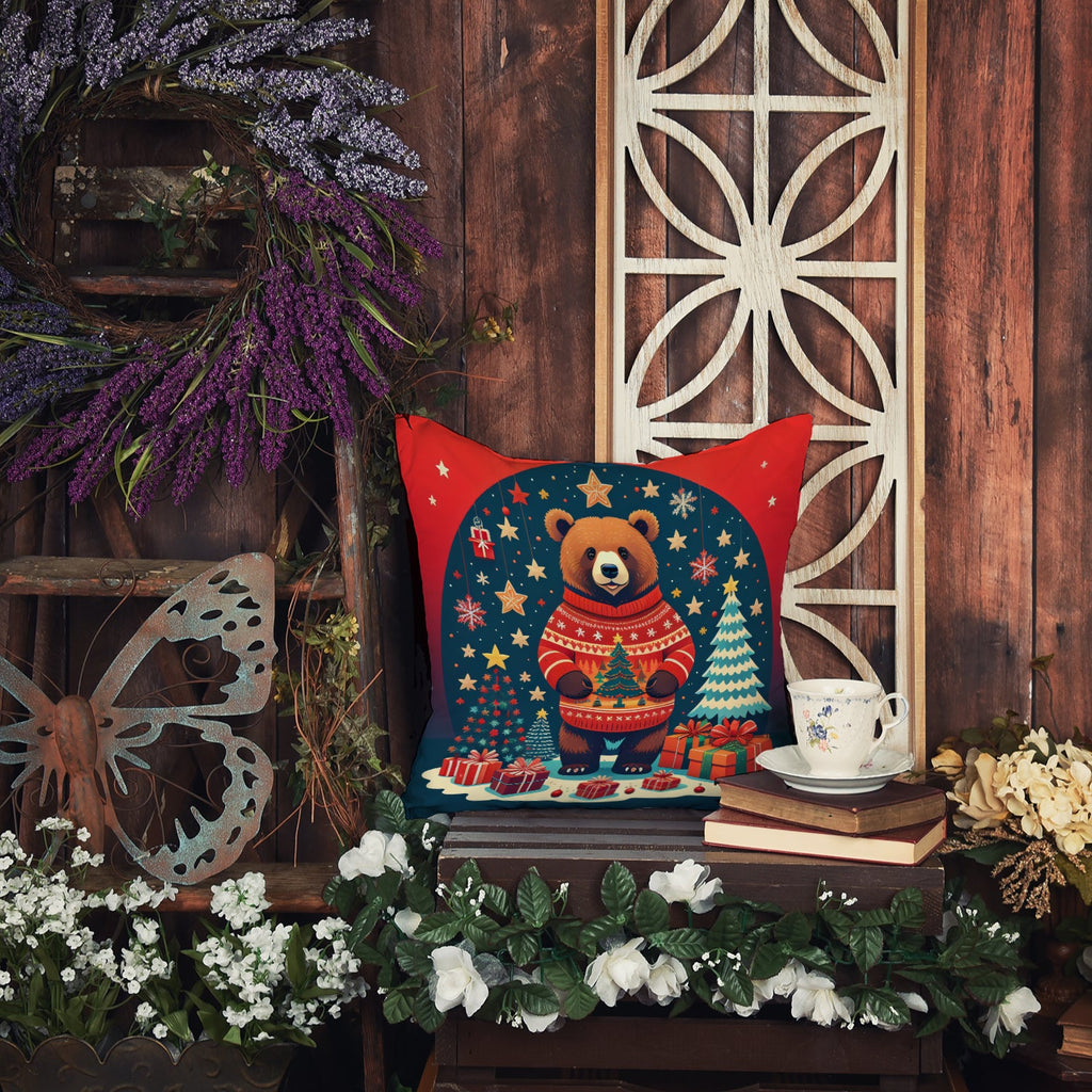 Bear Christmas Decorative Throw Pillow 18x18 Indoor Outdoor Accent Cushion, Fabric Cover with Insert for Sofa, Bed, Porch & Living Room