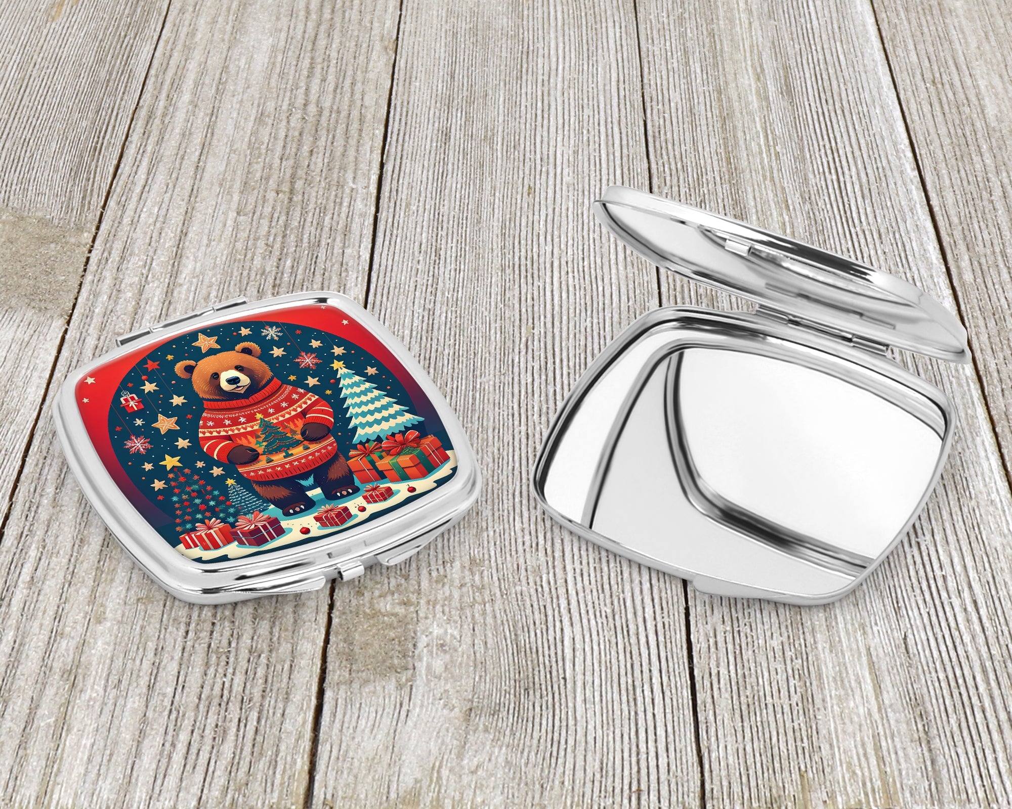 Bear Christmas Compact Mirror Decorative Travel Makeup Mirror for Women Girls Gifts Pocket Makeup Mirror Folding Handheld