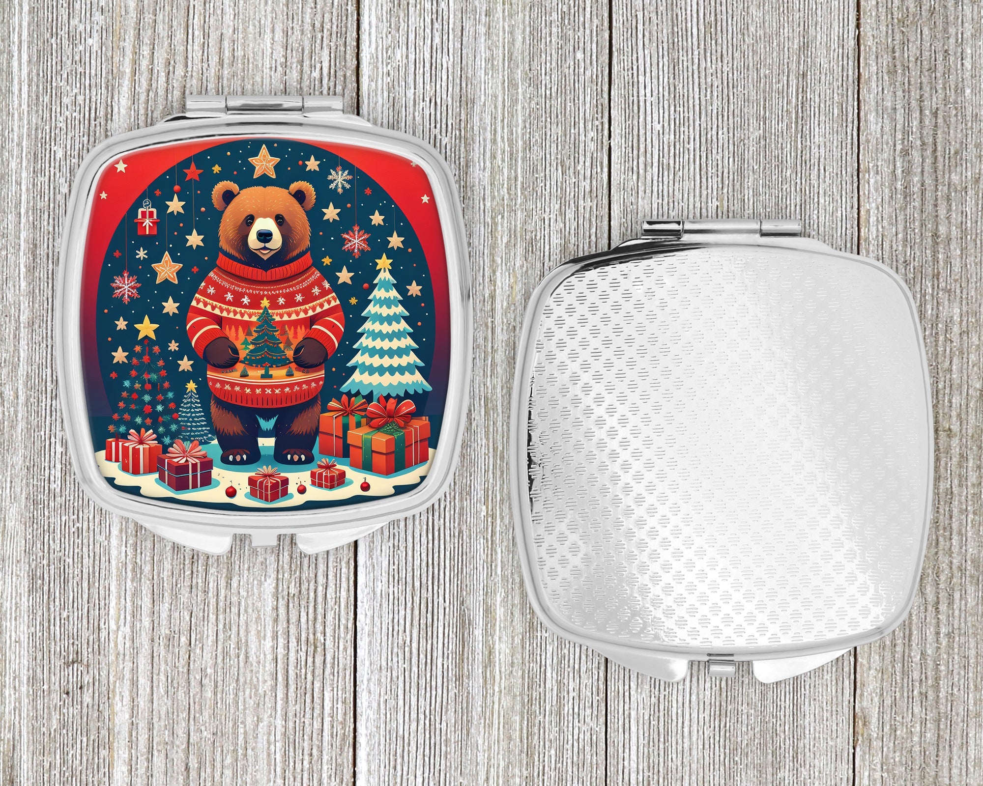Bear Christmas Compact Mirror Decorative Travel Makeup Mirror for Women Girls Gifts Pocket Makeup Mirror Folding Handheld