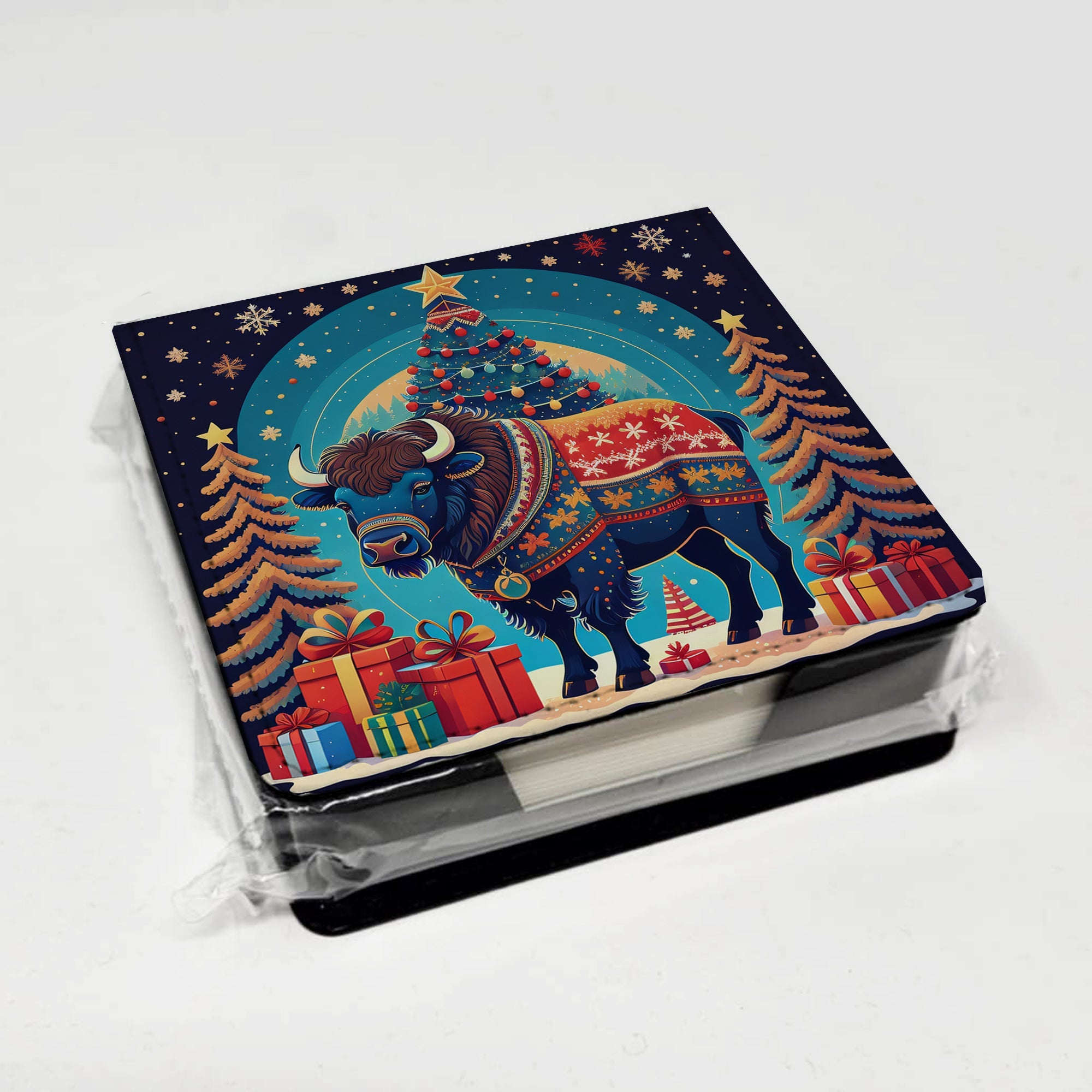 Buffalo Christmas PU Leather Note Paper Holder with Artist-Designed Cover, Desk Accessory, Office Gift
