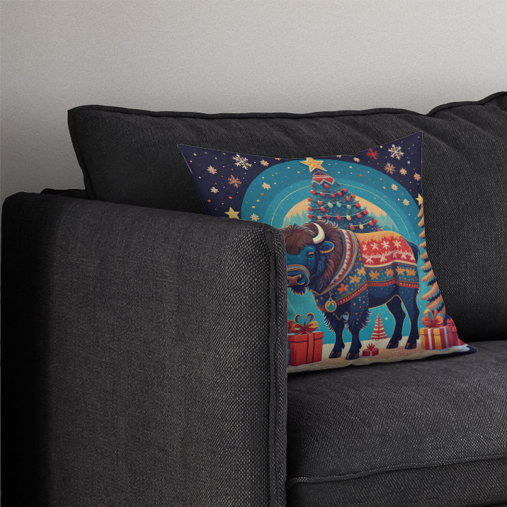Buffalo Christmas Decorative Throw Pillow 14x14 Indoor Outdoor Accent Cushion, Fabric Cover with Insert for Sofa, Bed, Porch & Living Room