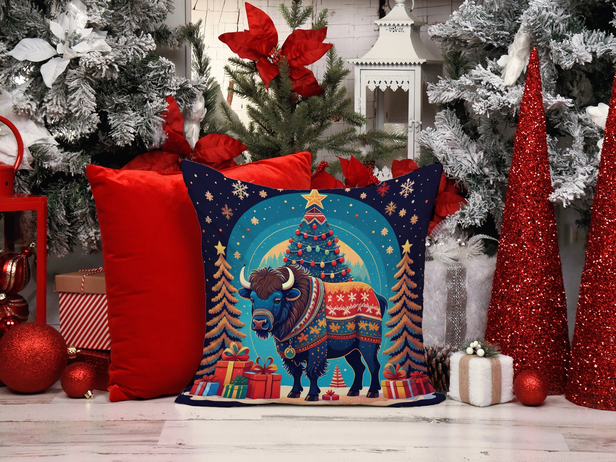 Buffalo Christmas Decorative Throw Pillow 18x18 Indoor Outdoor Accent Cushion, Fabric Cover with Insert for Sofa, Bed, Porch & Living Room