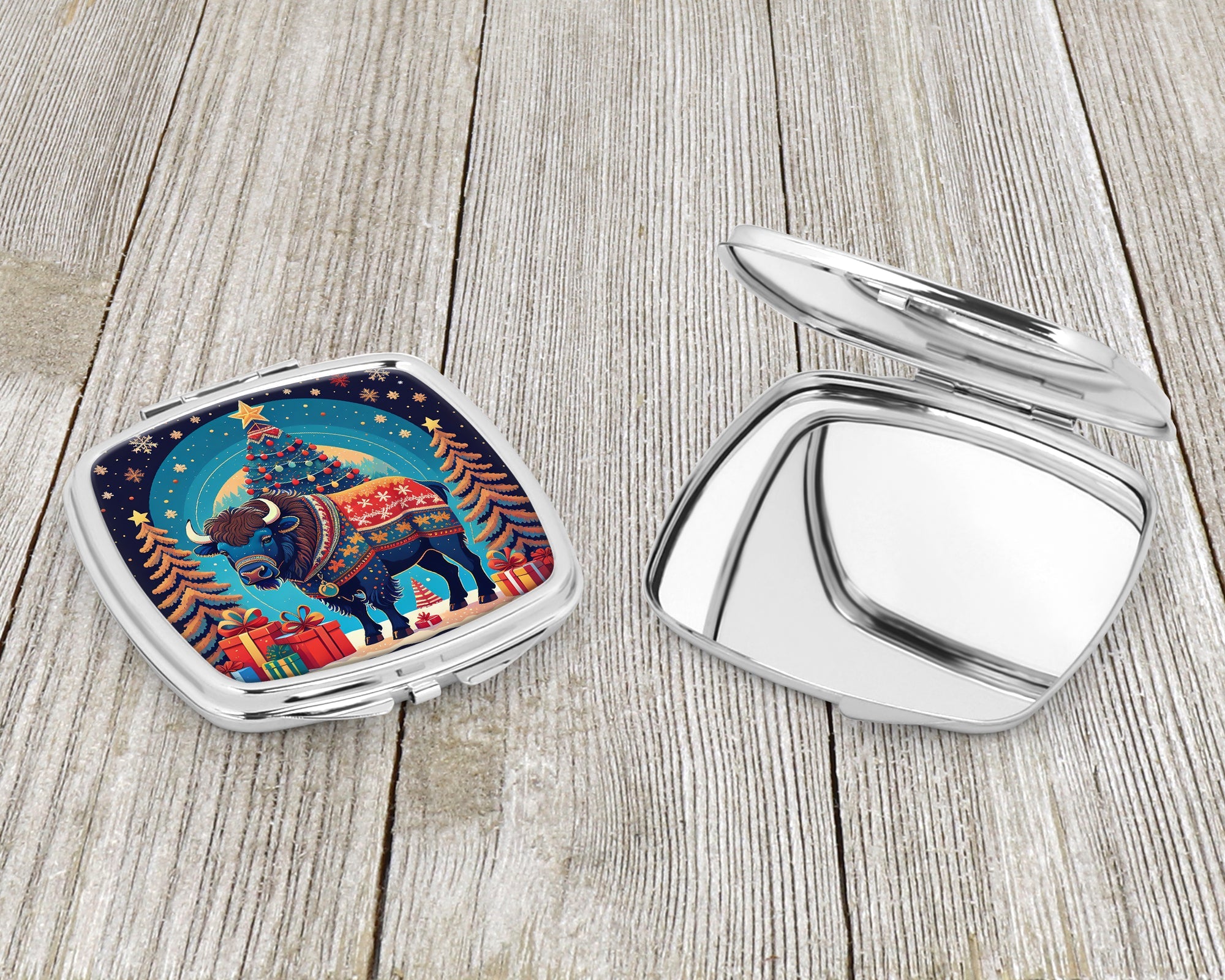 Buffalo Christmas Compact Mirror Decorative Travel Makeup Mirror for Women Girls Gifts Pocket Makeup Mirror Folding Handheld