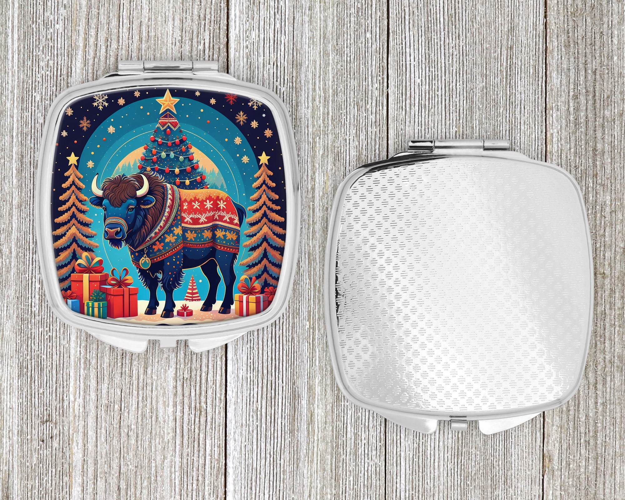 Buffalo Christmas Compact Mirror Decorative Travel Makeup Mirror for Women Girls Gifts Pocket Makeup Mirror Folding Handheld
