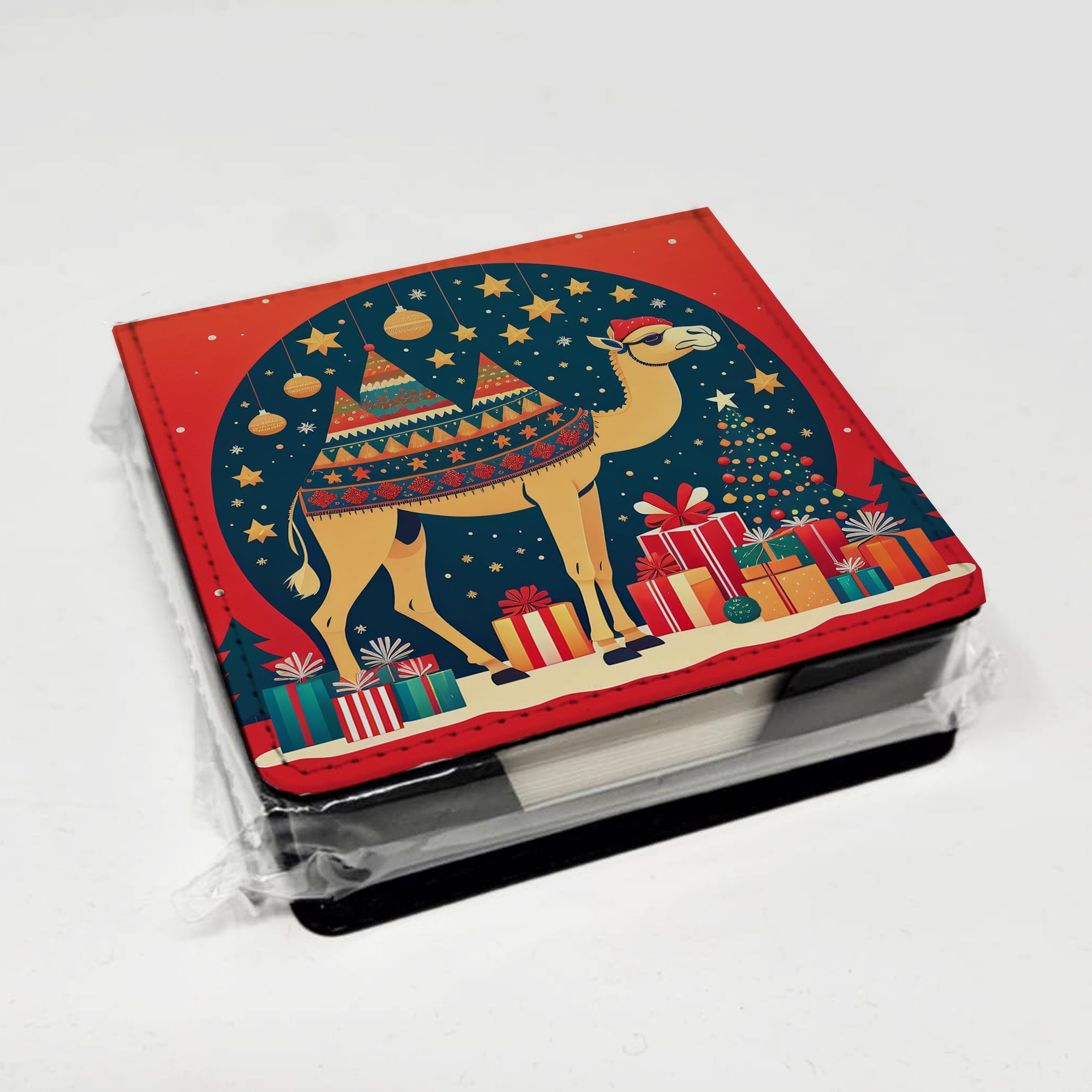 Camel Christmas PU Leather Note Paper Holder with Artist-Designed Cover, Desk Accessory, Office Gift