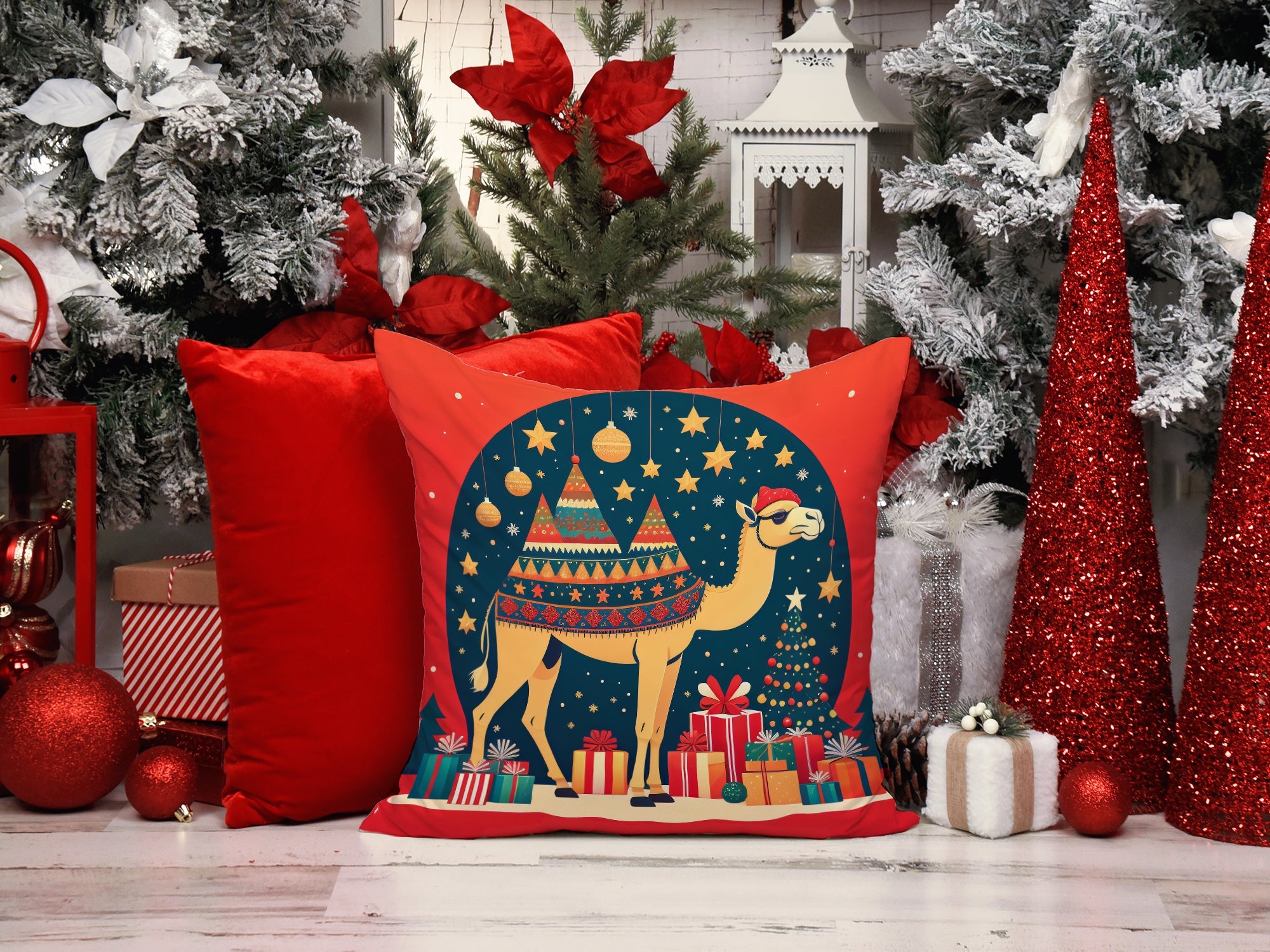 Camel Christmas Decorative Throw Pillow 18x18 Indoor Outdoor Accent Cushion, Fabric Cover with Insert for Sofa, Bed, Porch & Living Room