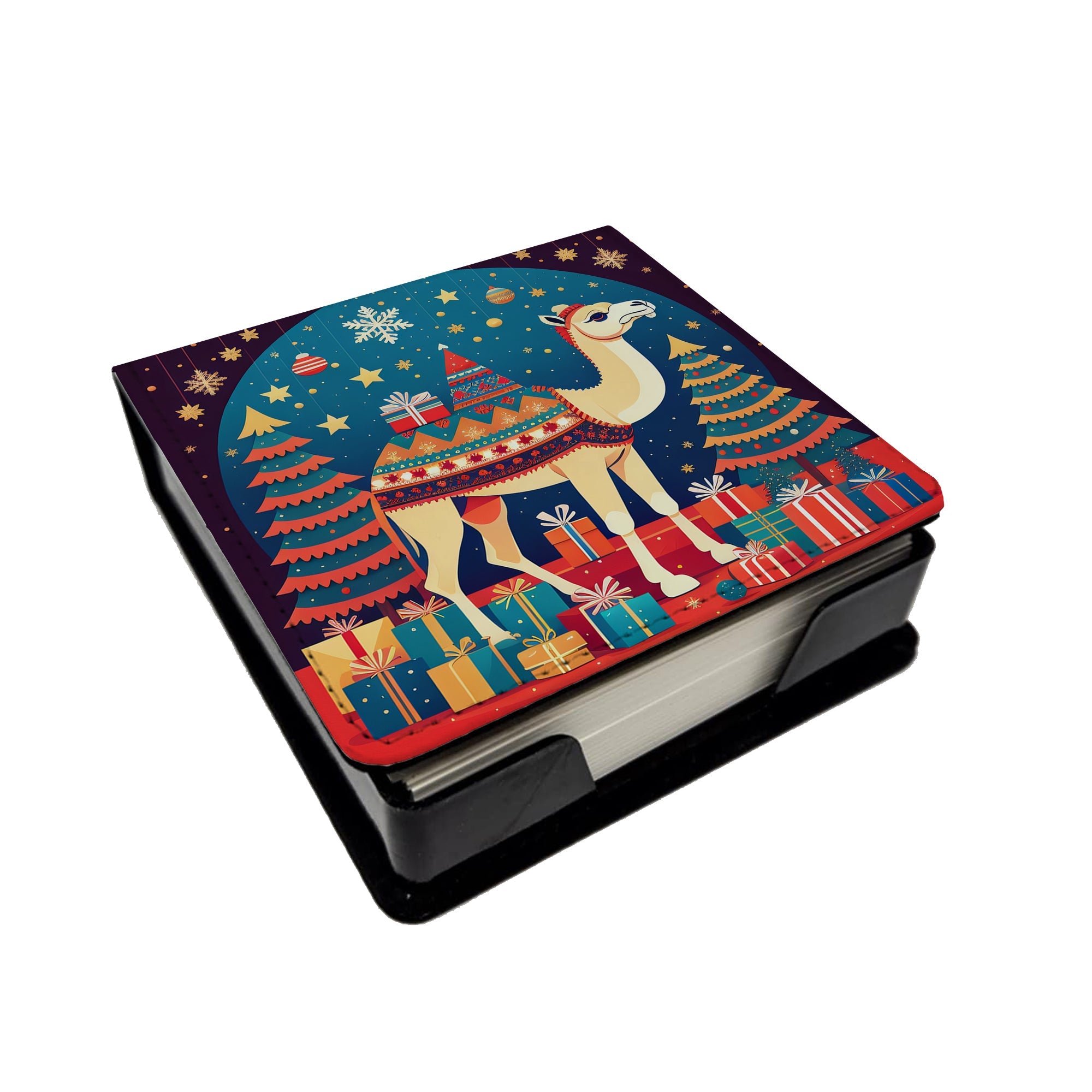 Camel Christmas PU Leather Note Paper Holder with Artist-Designed Cover, Desk Accessory, Office Gift