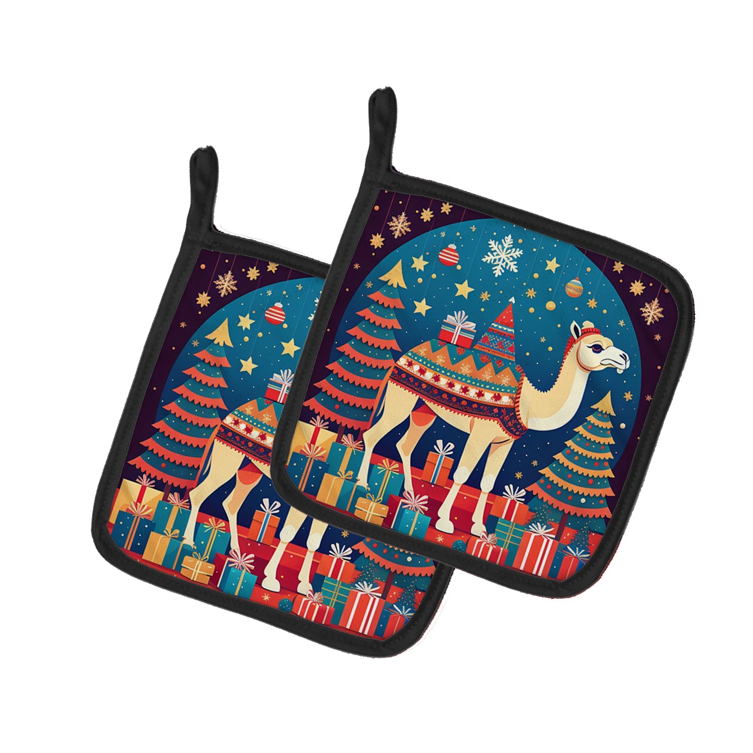 Camel Christmas Pot Holder Set of 2 Heat Resistant Quilted Hot Pads 7.5 x 7.5 Inch, Insulated Kitchen Trivets for Cooking & Baking