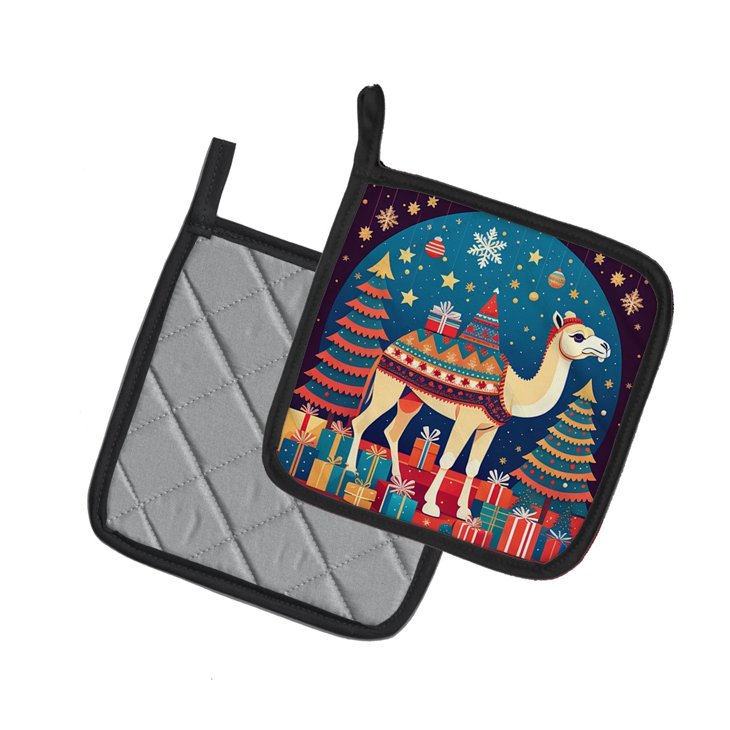 Camel Christmas Pot Holder Set of 2 Heat Resistant Quilted Hot Pads 7.5 x 7.5 Inch, Insulated Kitchen Trivets for Cooking & Baking