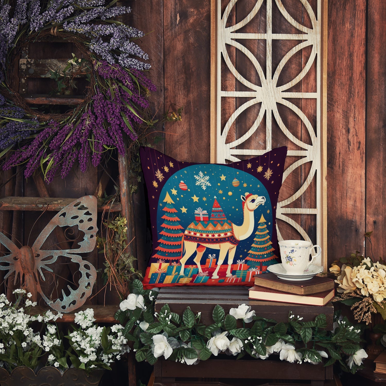 Camel Christmas Decorative Throw Pillow 18x18 Indoor Outdoor Accent Cushion, Fabric Cover with Insert for Sofa, Bed, Porch & Living Room