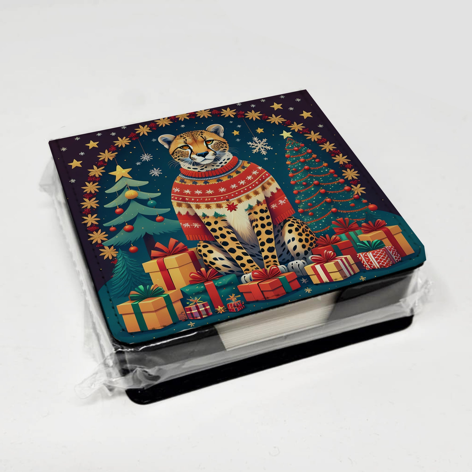 Cheetah Christmas PU Leather Note Paper Holder with Artist-Designed Cover, Desk Accessory, Office Gift