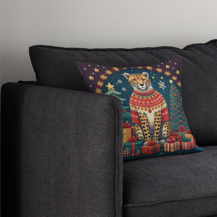 Cheetah Christmas Decorative Throw Pillow 14x14 Indoor Outdoor Accent Cushion, Fabric Cover with Insert for Sofa, Bed, Porch & Living Room