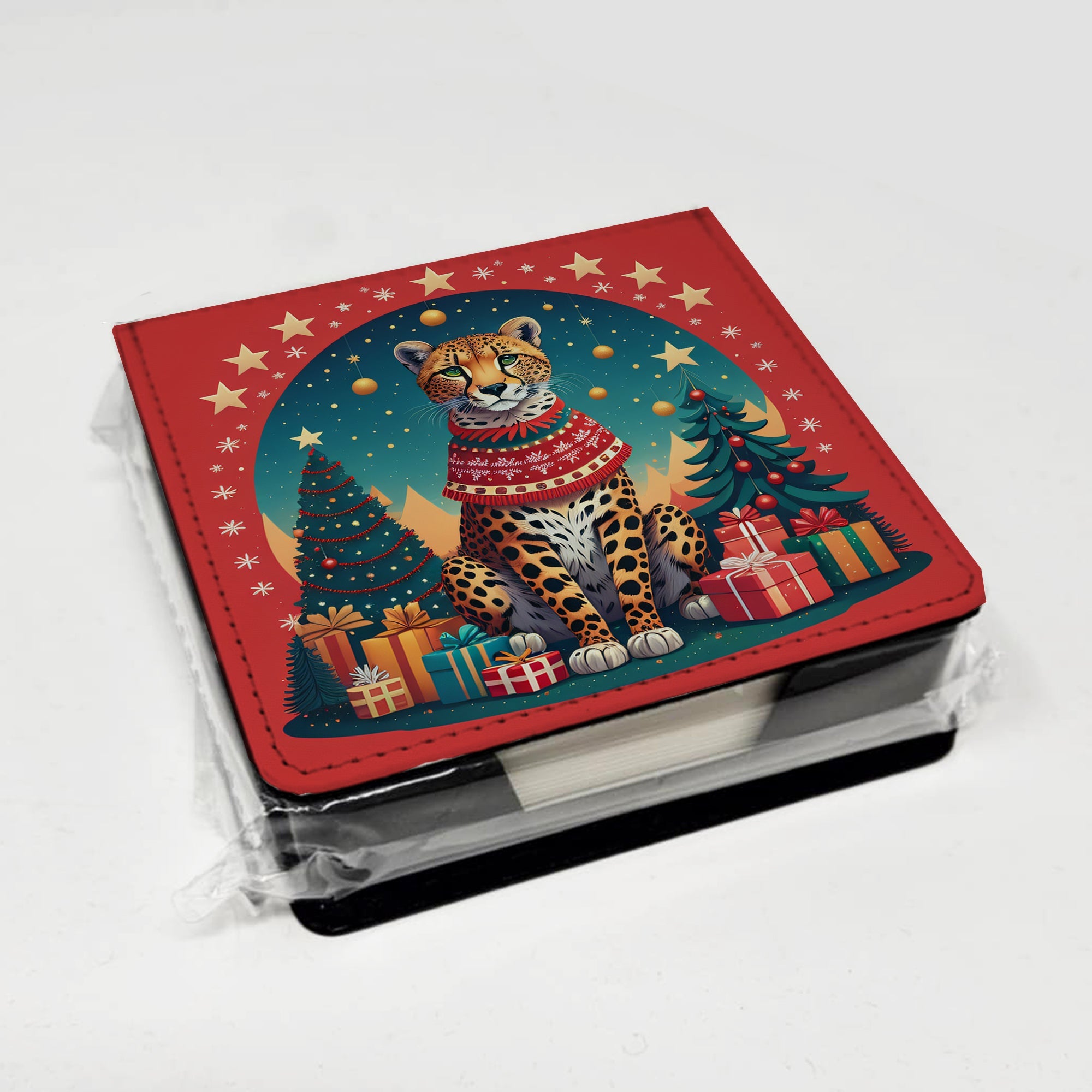 Cheetah Christmas PU Leather Note Paper Holder with Artist-Designed Cover, Desk Accessory, Office Gift