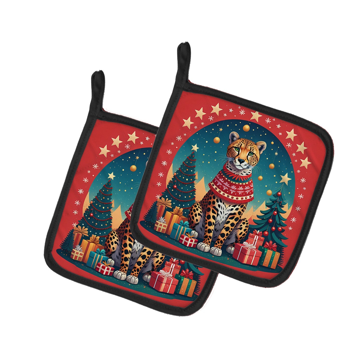 Cheetah Christmas Pot Holder Set of 2 Heat Resistant Quilted Hot Pads 7.5 x 7.5 Inch, Insulated Kitchen Trivets for Cooking & Baking