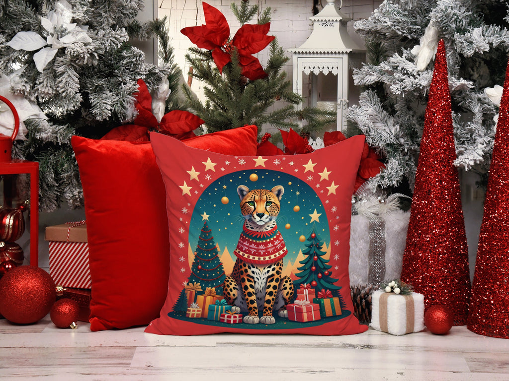 Cheetah Christmas Decorative Throw Pillow 14x14 Indoor Outdoor Accent Cushion, Fabric Cover with Insert for Sofa, Bed, Porch & Living Room