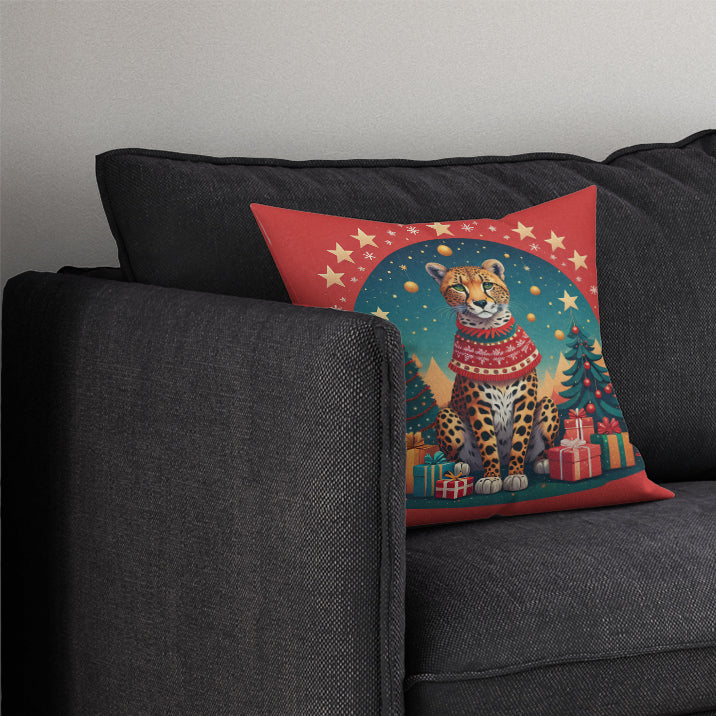 Cheetah Christmas Decorative Throw Pillow 14x14 Indoor Outdoor Accent Cushion, Fabric Cover with Insert for Sofa, Bed, Porch & Living Room