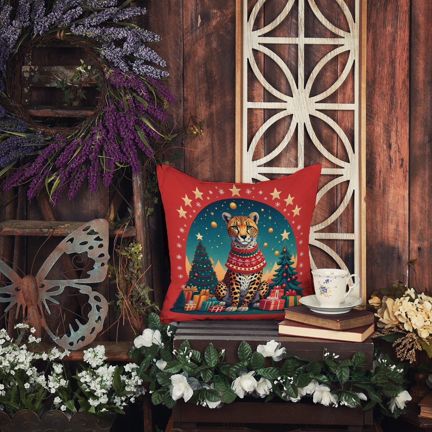 Cheetah Christmas Decorative Throw Pillow 18x18 Indoor Outdoor Accent Cushion, Fabric Cover with Insert for Sofa, Bed, Porch & Living Room