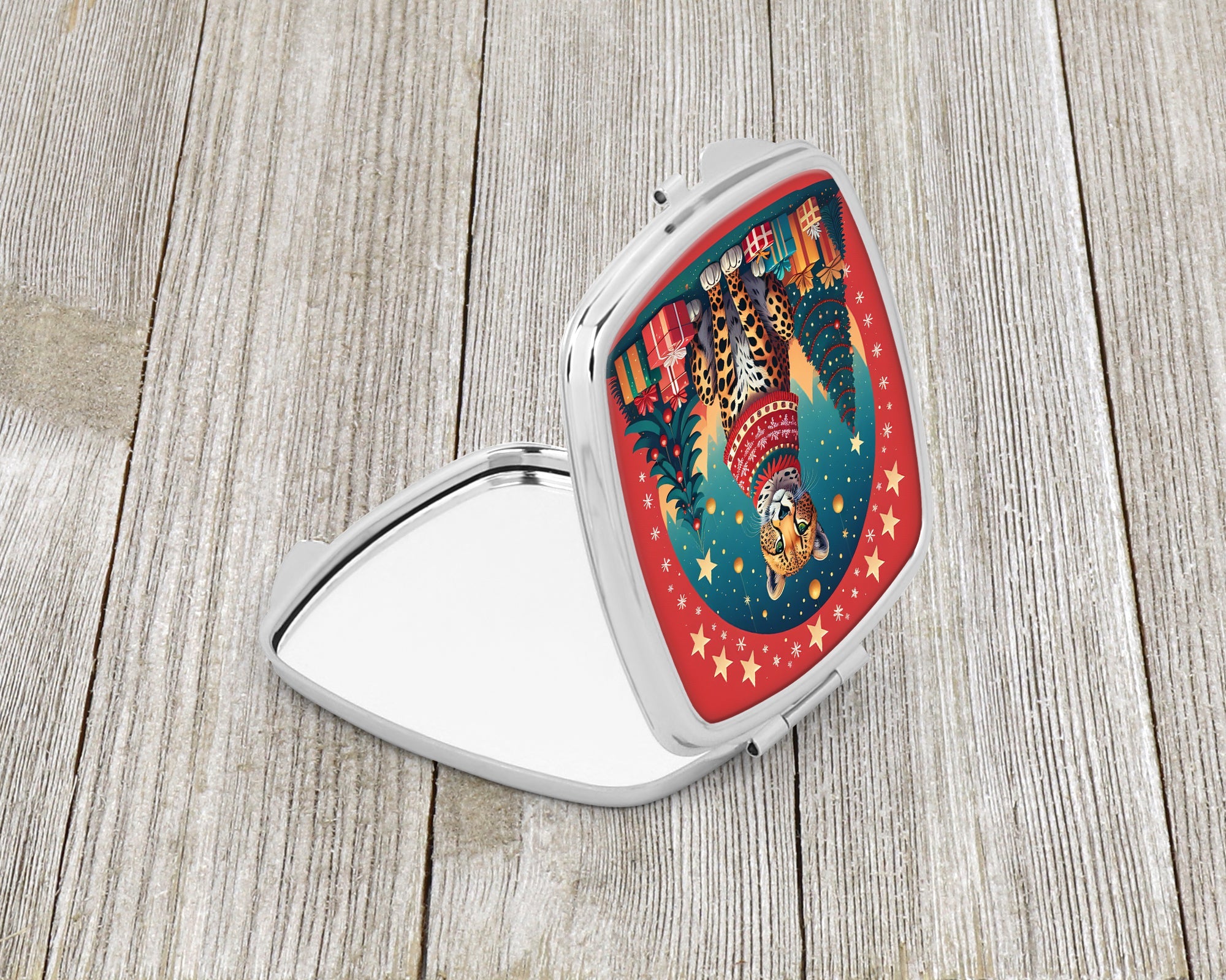 Cheetah Christmas Compact Mirror Decorative Travel Makeup Mirror for Women Girls Gifts Pocket Makeup Mirror Folding Handheld