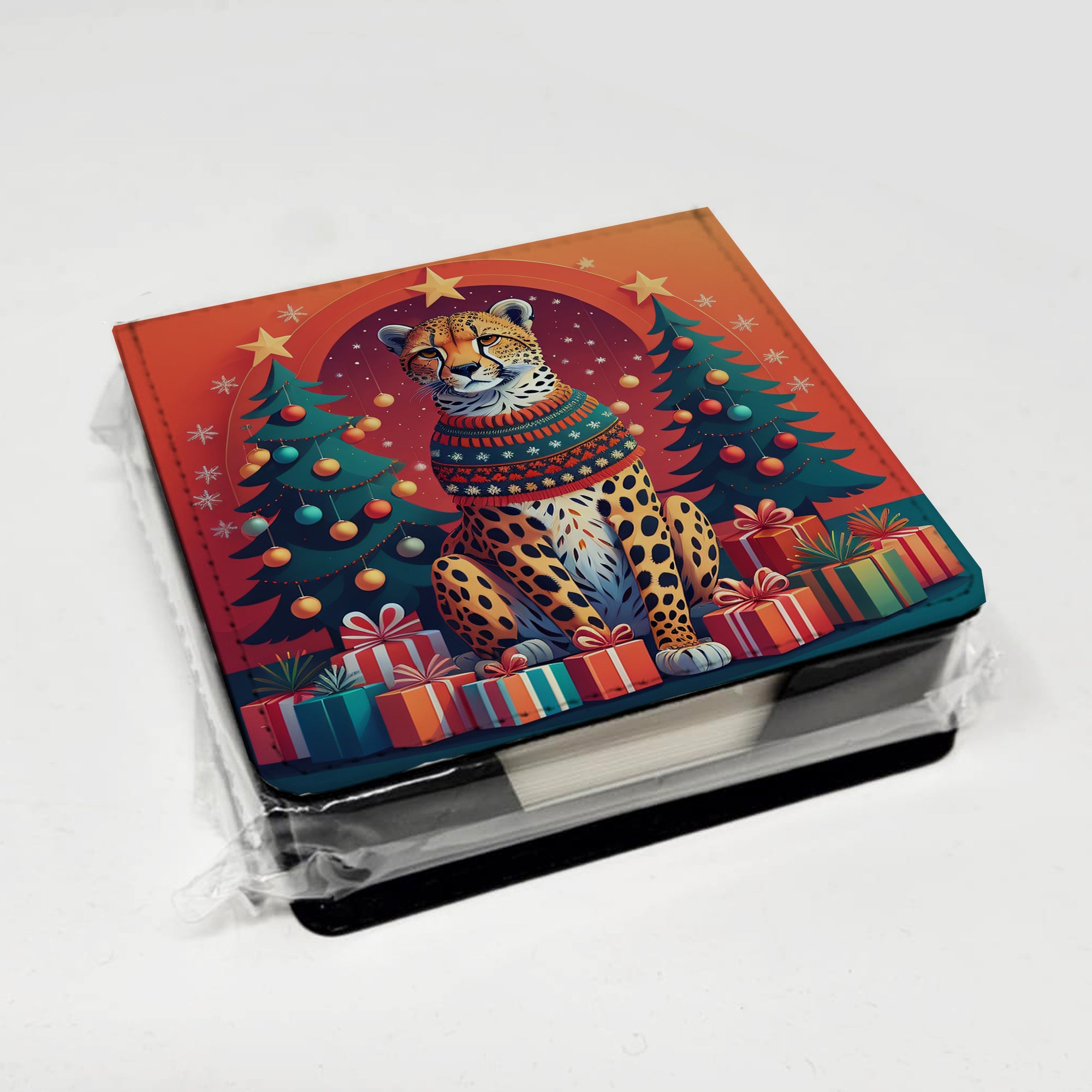 Cheetah Christmas PU Leather Note Paper Holder with Artist-Designed Cover, Desk Accessory, Office Gift